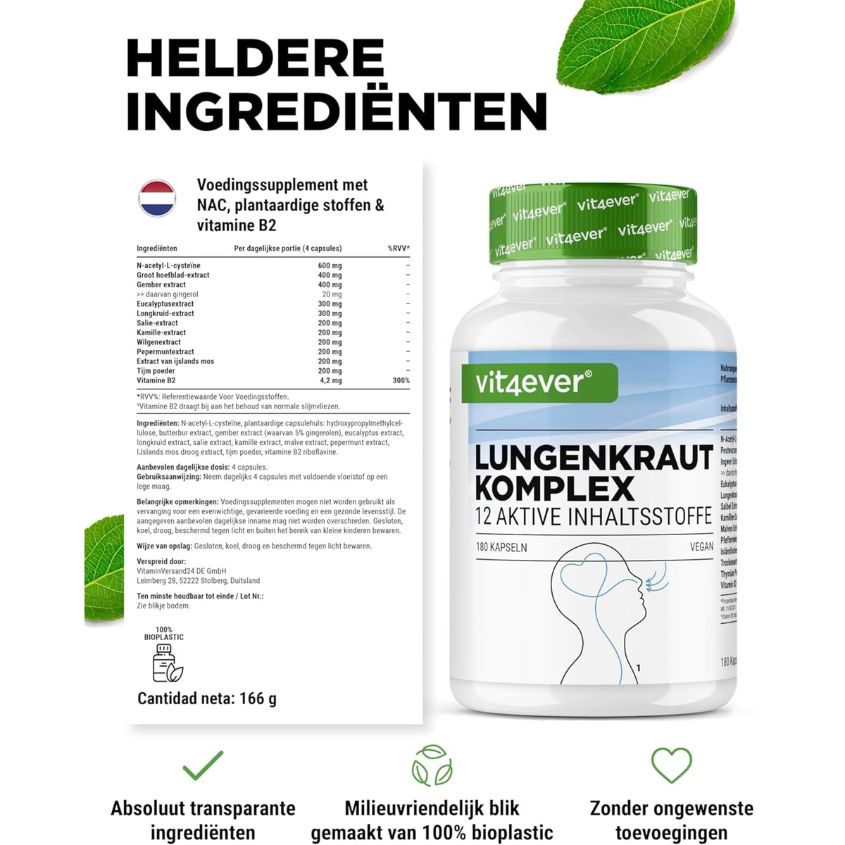 Lungenkraut Atemwege-Komplex mit NAC & Kräutern | 180 Kapseln | Vit4ever
