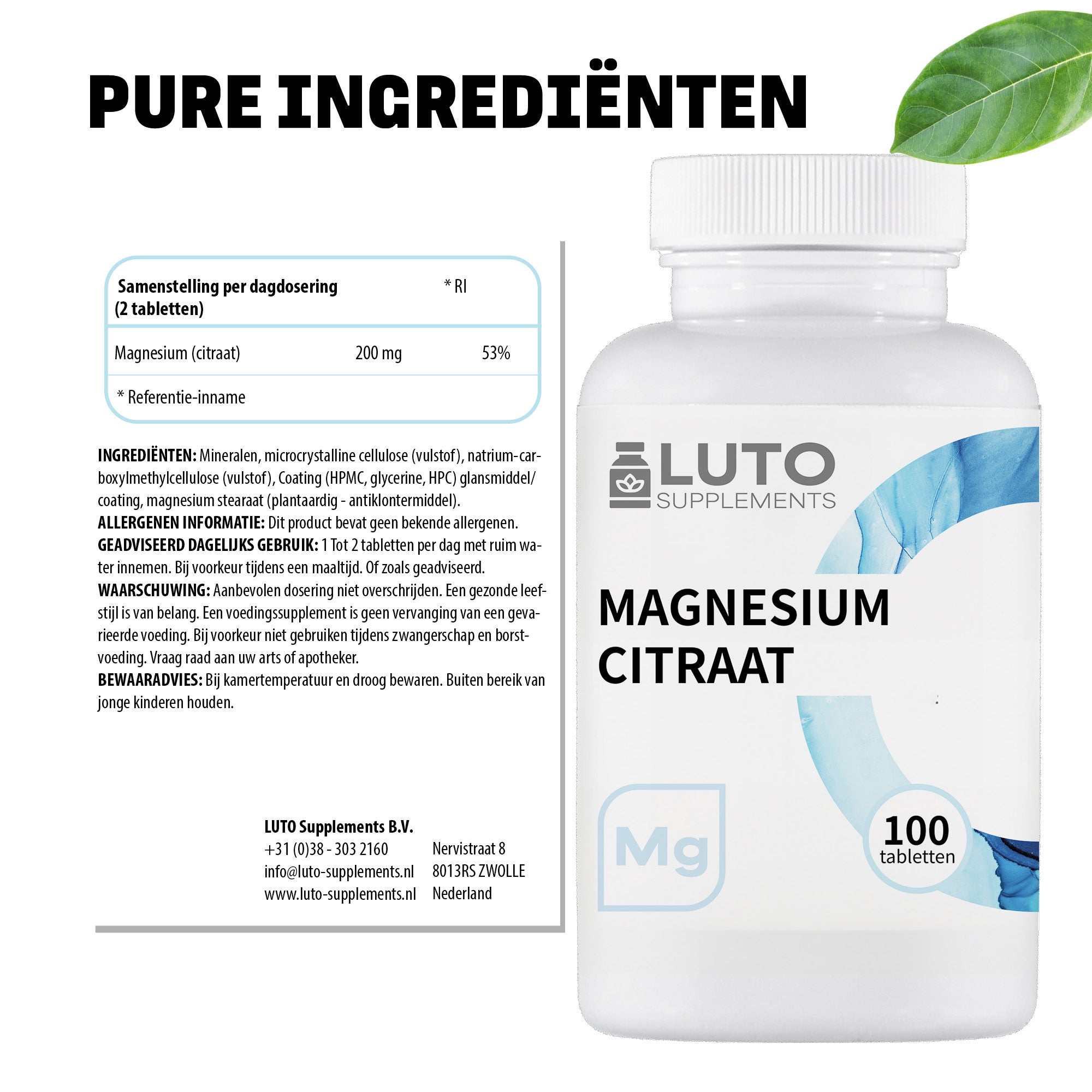 Pure ingrediënten Magnesium Citraat LUTO - elementair magnesium per tablet met volledige samenstelling