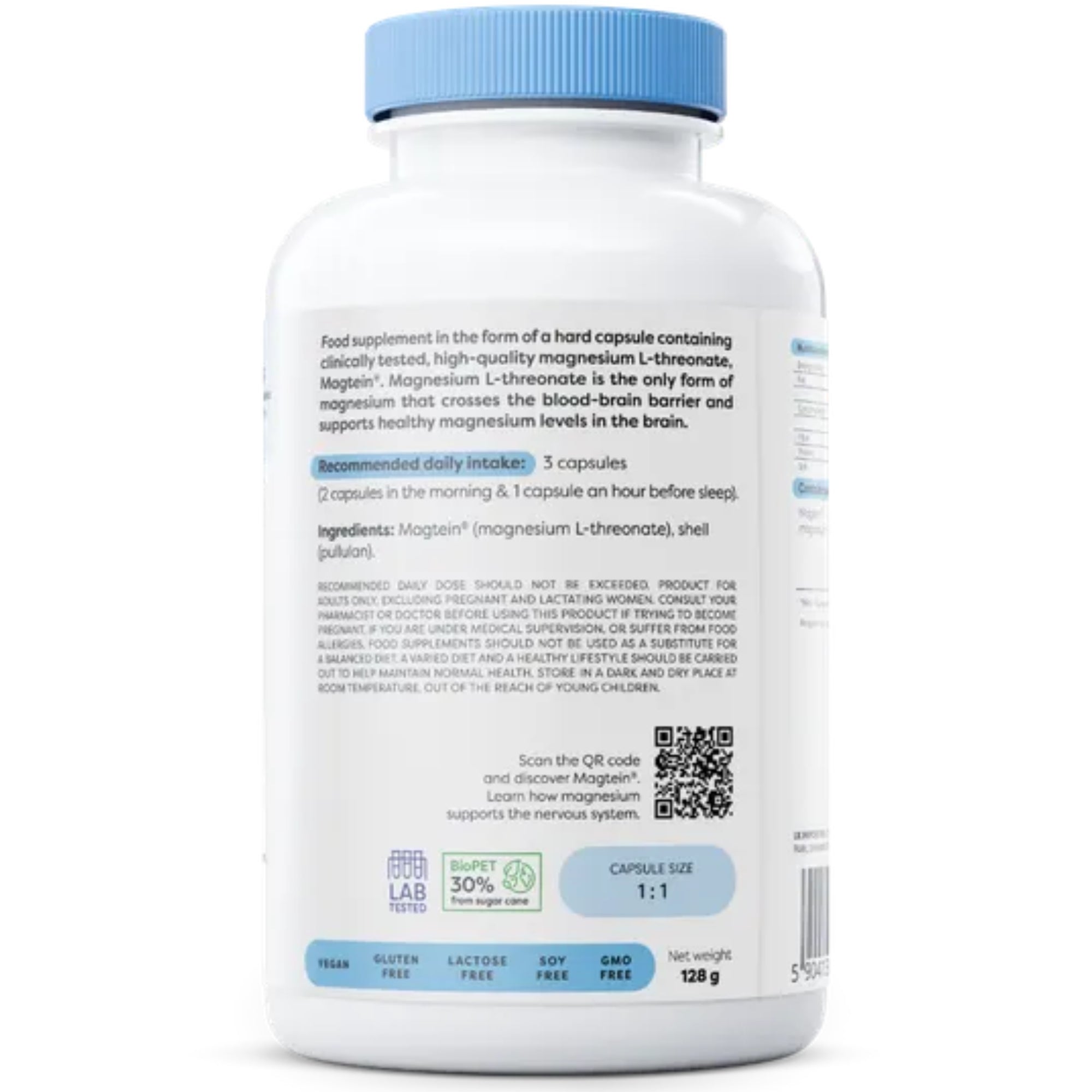 Rückseite Osavi Magnesium L-Threonat Magtein 180 Kapseln – Zutaten und Anwendung, 3 Kapseln pro Tag #Inhalt_180_Kapseln