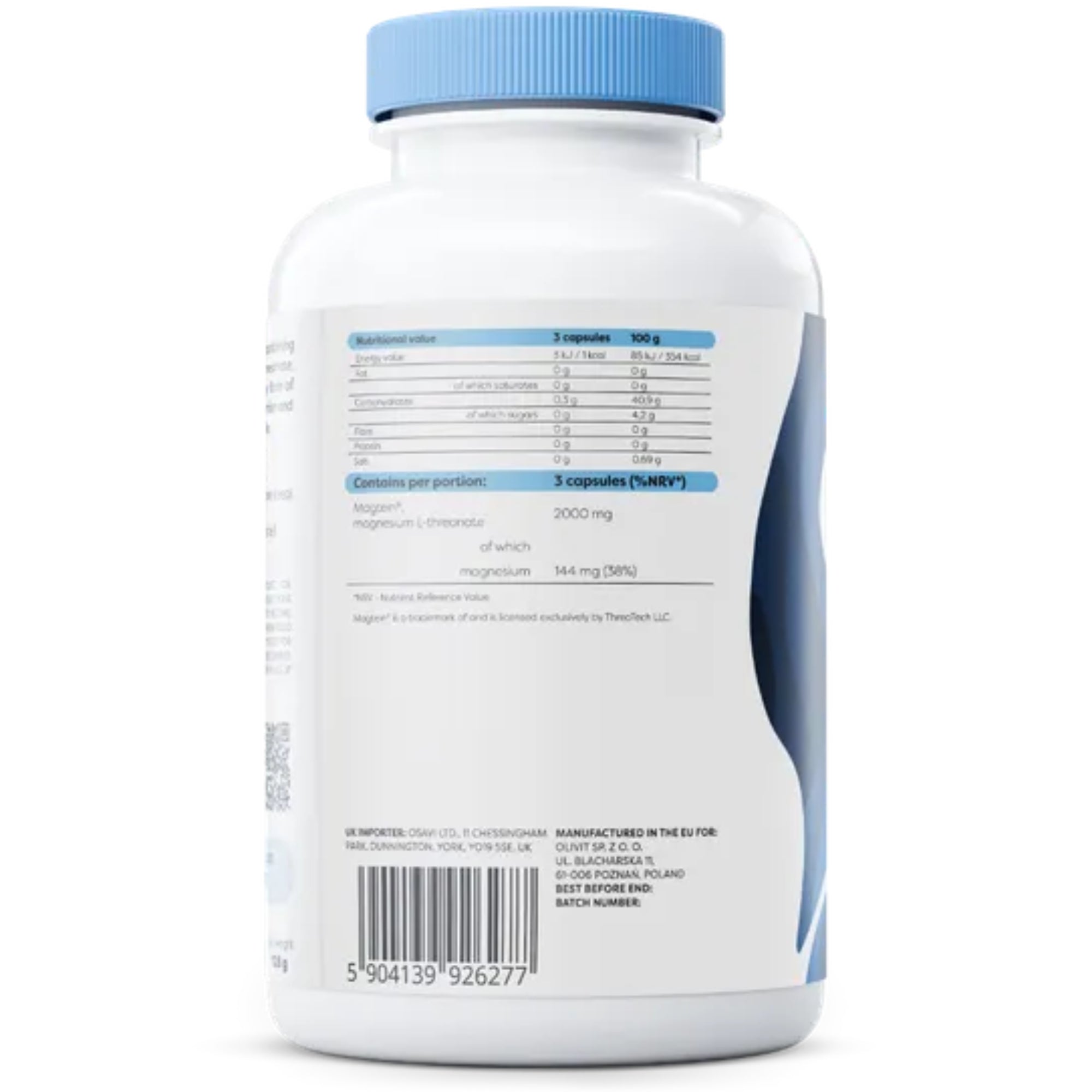 Nährwerte Osavi Magtein 180 Kapseln – 2000 mg Magnesium-L-Threonat, 144 mg Magnesium pro Tagesdosis #Inhalt_180_Kapseln
