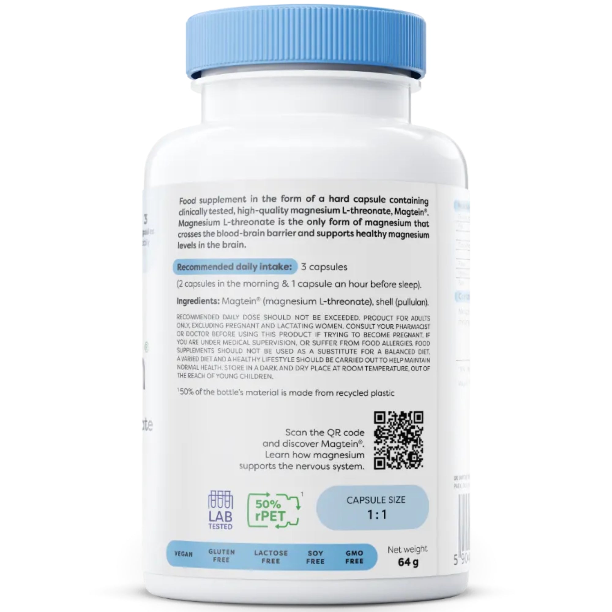 Rückseite Osavi Magnesium L-Threonat Magtein 90 Kapseln – Zutaten und Anwendung, 3 Kapseln pro Tag #Inhalt_90_Kapseln