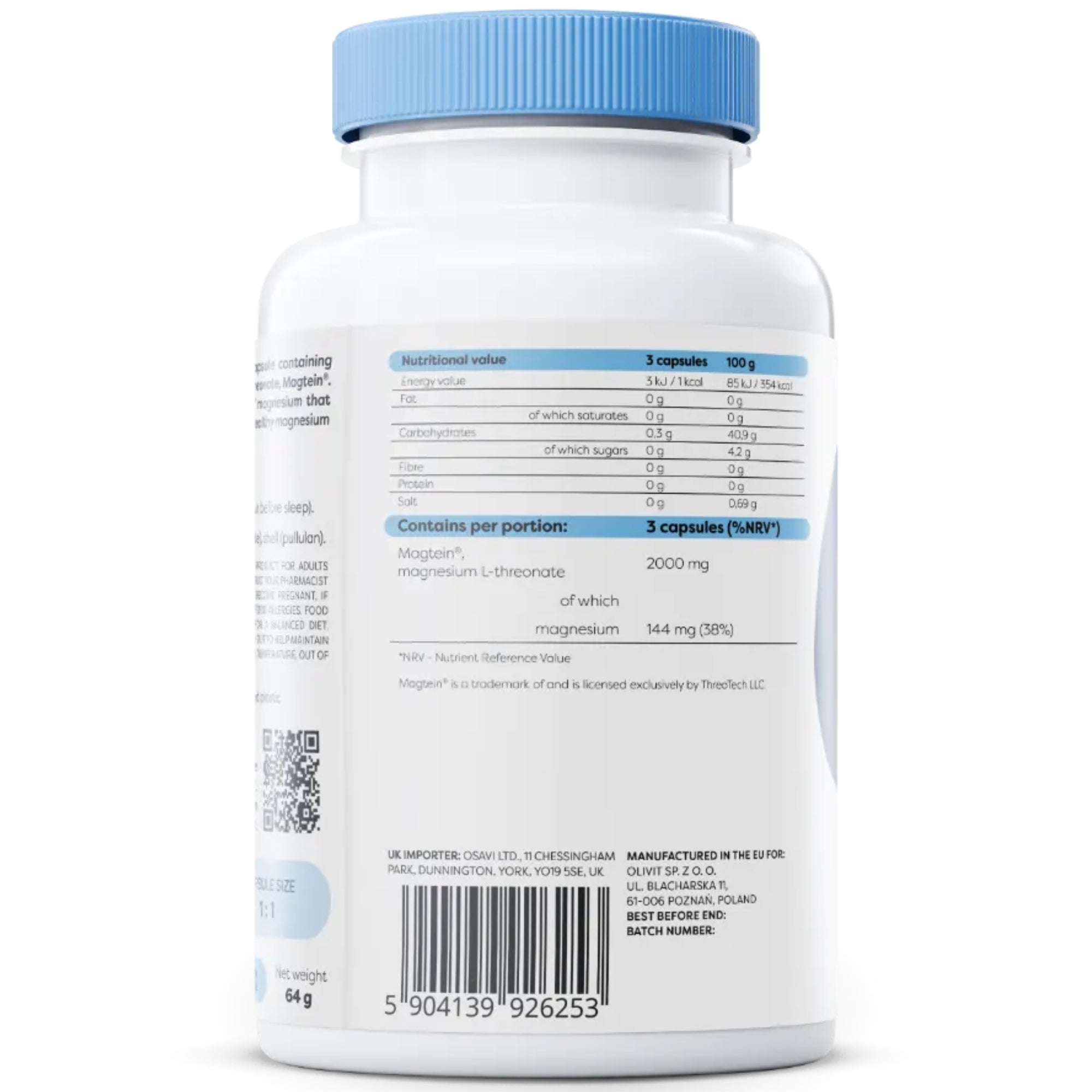 Nährwerte Osavi Magtein 90 Kapseln – 2000 mg Magnesium-L-Threonat, 144 mg Magnesium pro Tagesdosis #Inhalt_90_Kapseln