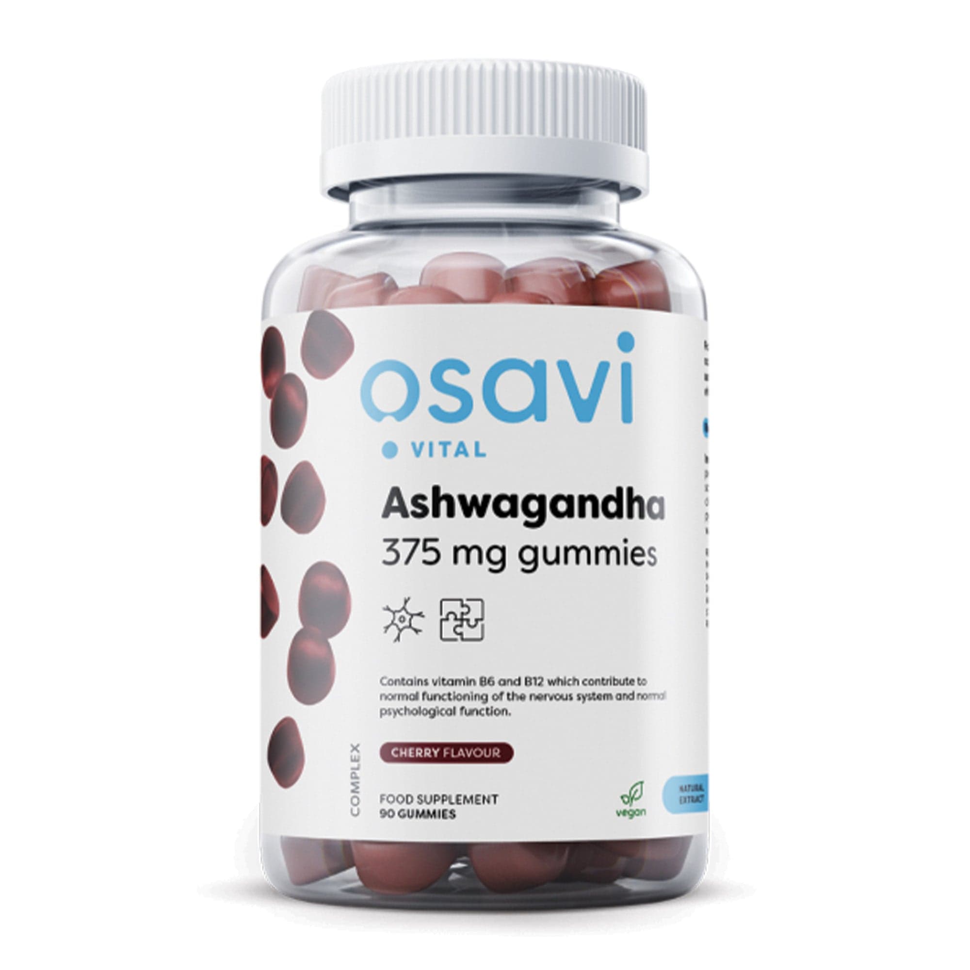 Osavi Ashwagandha Gummibärchen 375 mg mit Vitamin B6 und B12 – 90 vegane Gummis mit Kirschgeschmack