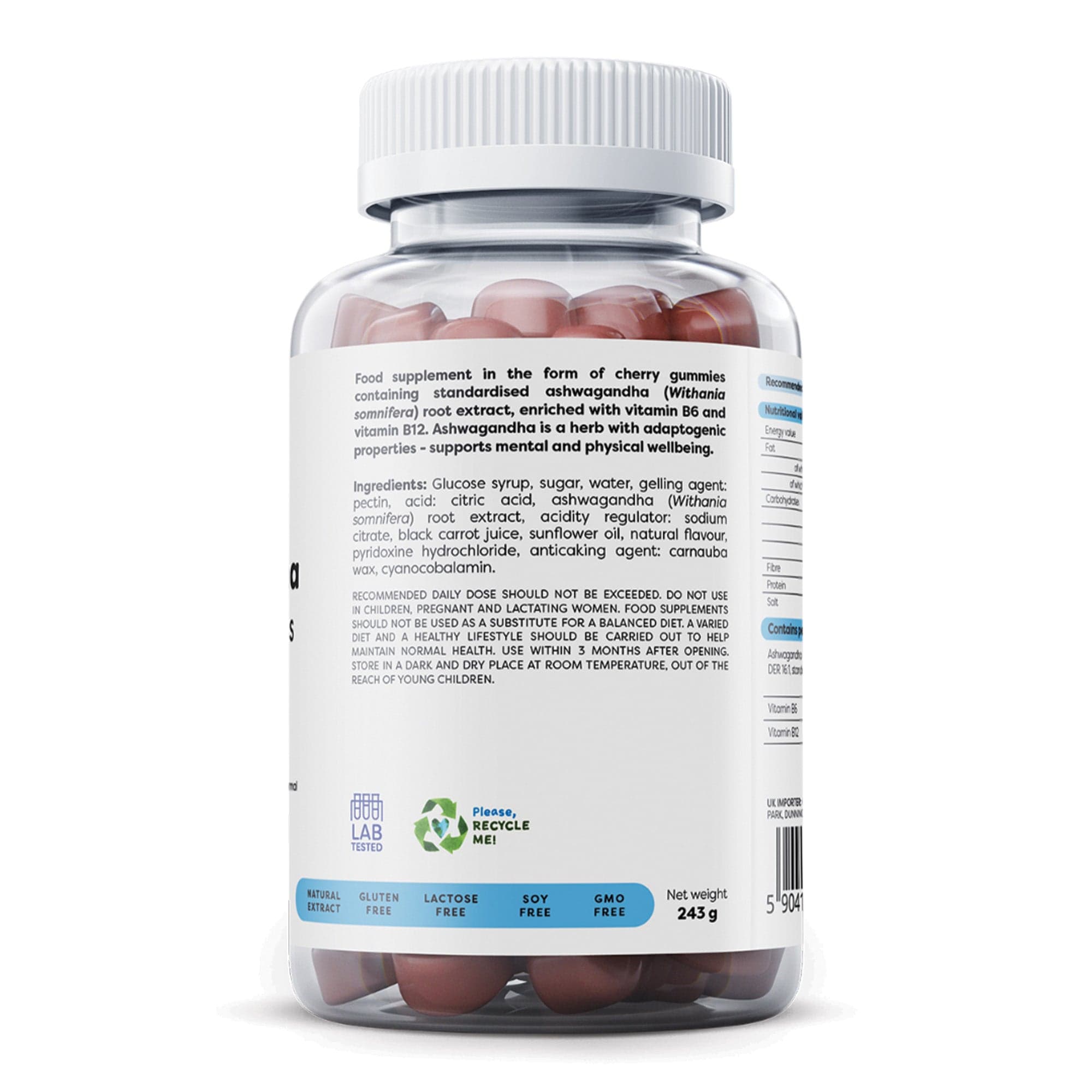 Rückseite Osavi Ashwagandha Gummibärchen – Zutaten und Nährwerte, Kirschgeschmack mit Vitamin B6 und B12