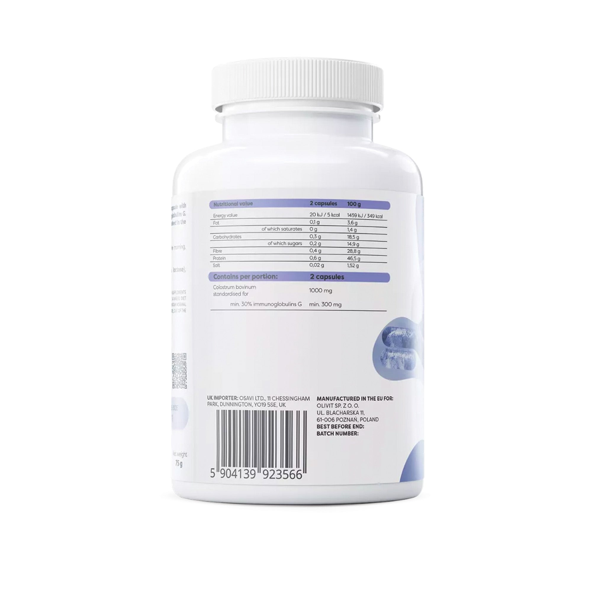 Nährwerte Osavi Colostrum 1000 mg – mindestens 30% Immunglobuline G pro Tagesdosis