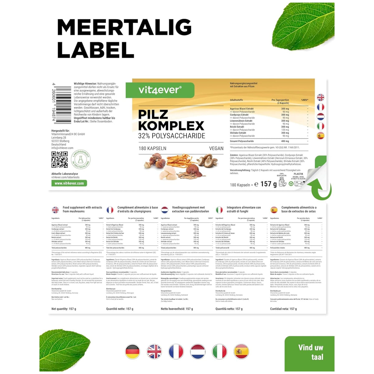 Pilze Komplex 5 Sorten | 180 Kapseln | Vit4ever