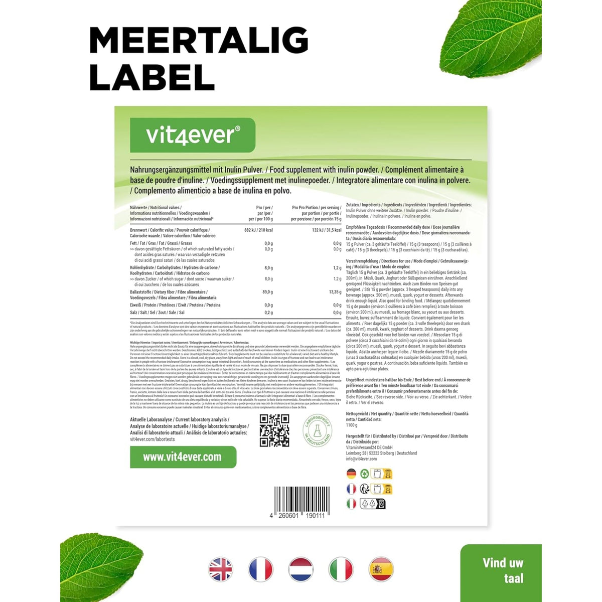 Inulin Pulver | Zichorienwurzel | 1,1 kg | Vit4ever
