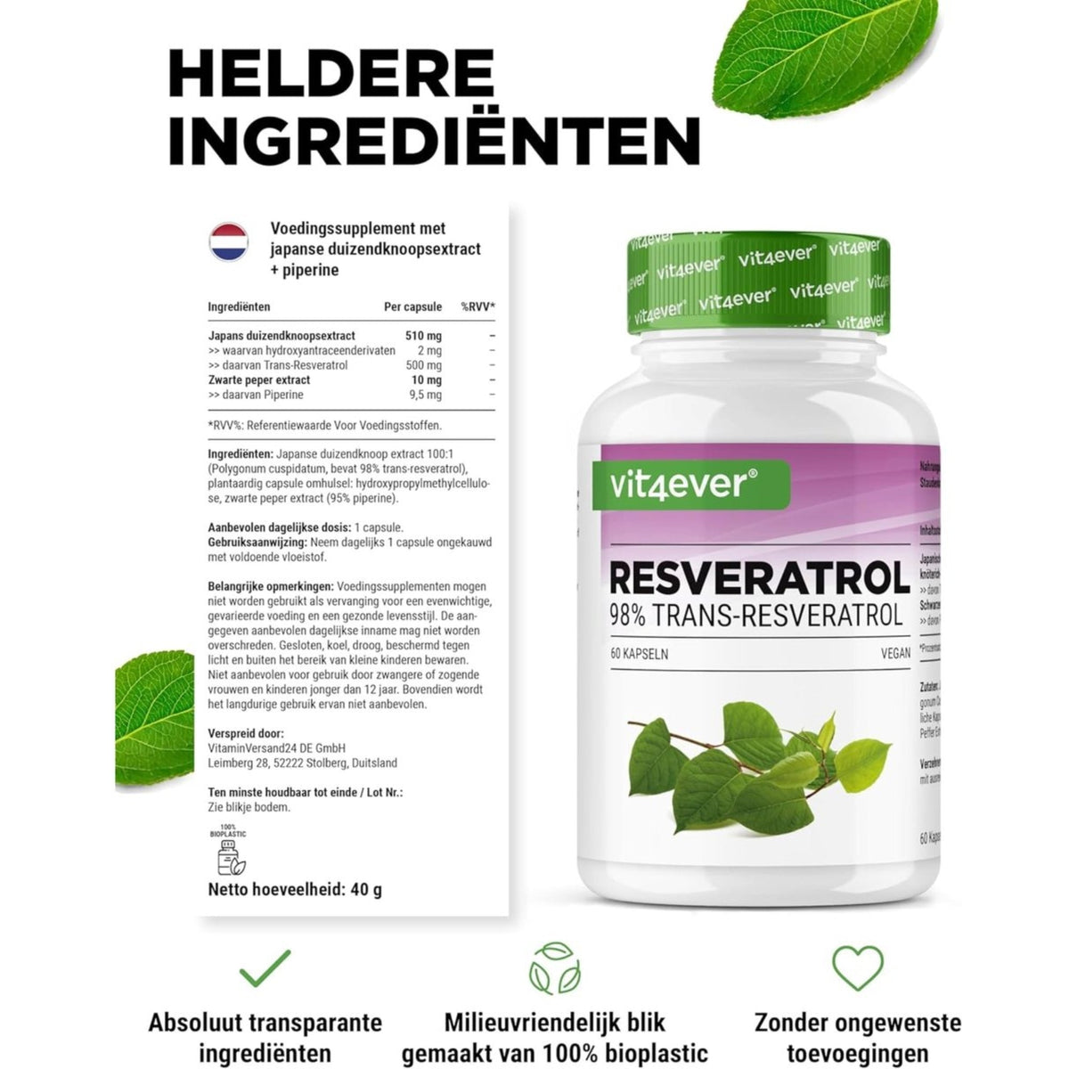 Resveratrol 500 mg | 98% Trans-Resveratrol | 60 Kapseln | Vit4ever