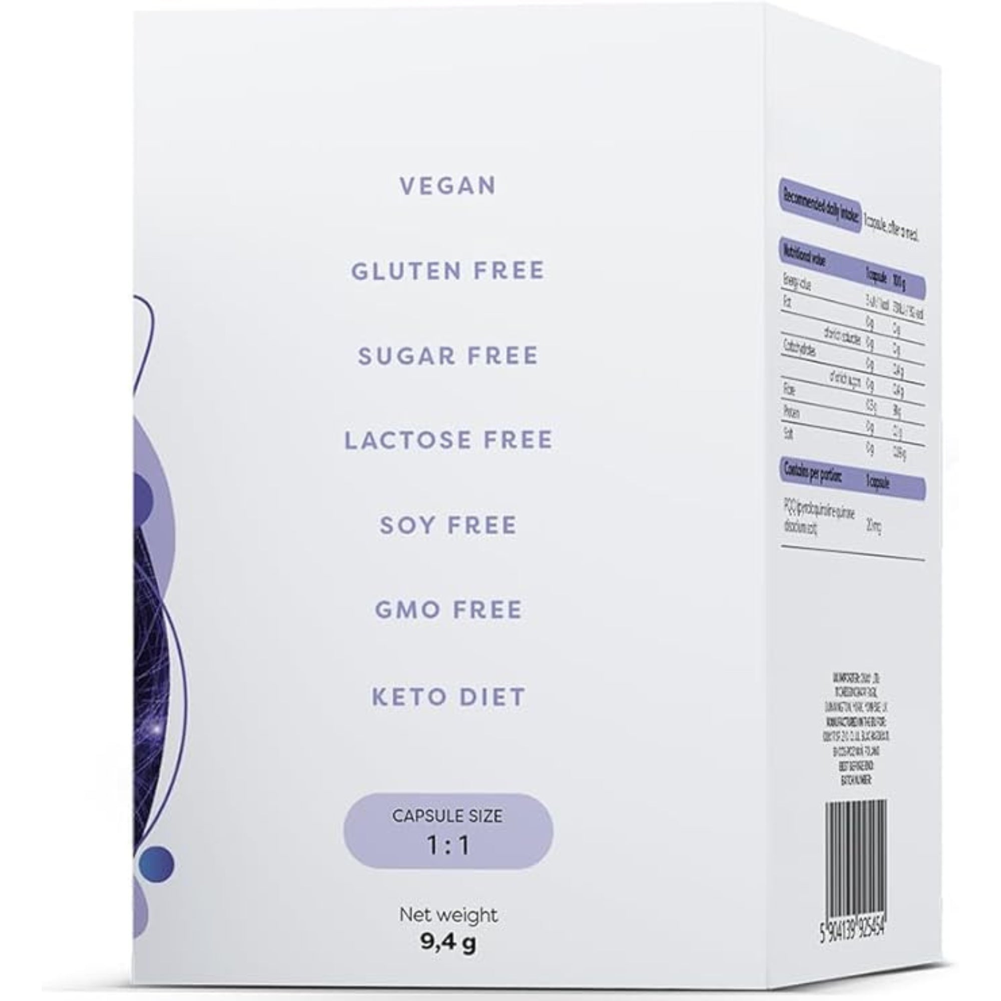 Osavi PQQ 20mg Verpackung – vegan, glutenfrei, zuckerfrei, laktosefrei, sojafrei und GMO-frei