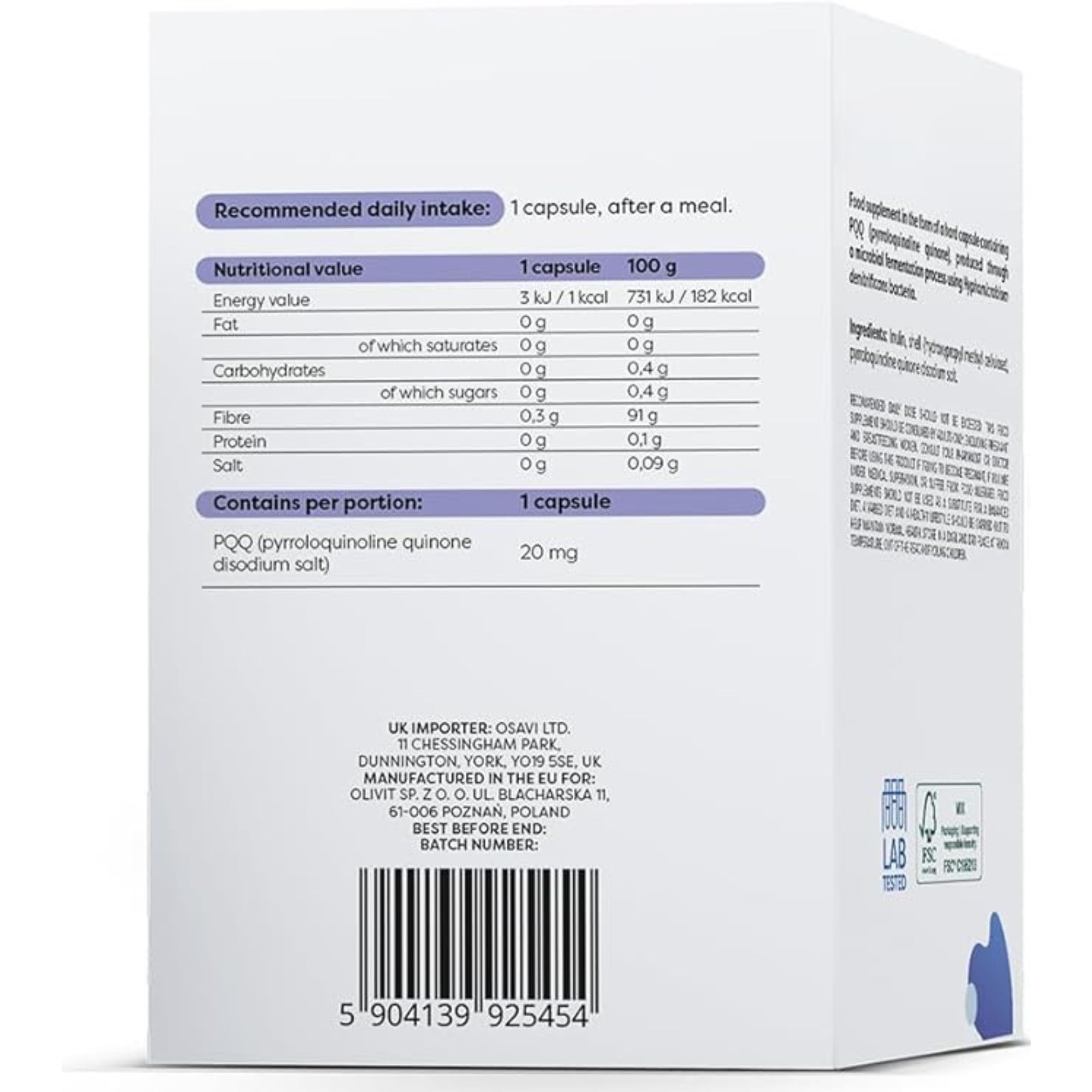 Nährwerte Osavi PQQ 20mg – Pyrrolochinolinchinon-Dinatriumsalz pro Kapsel