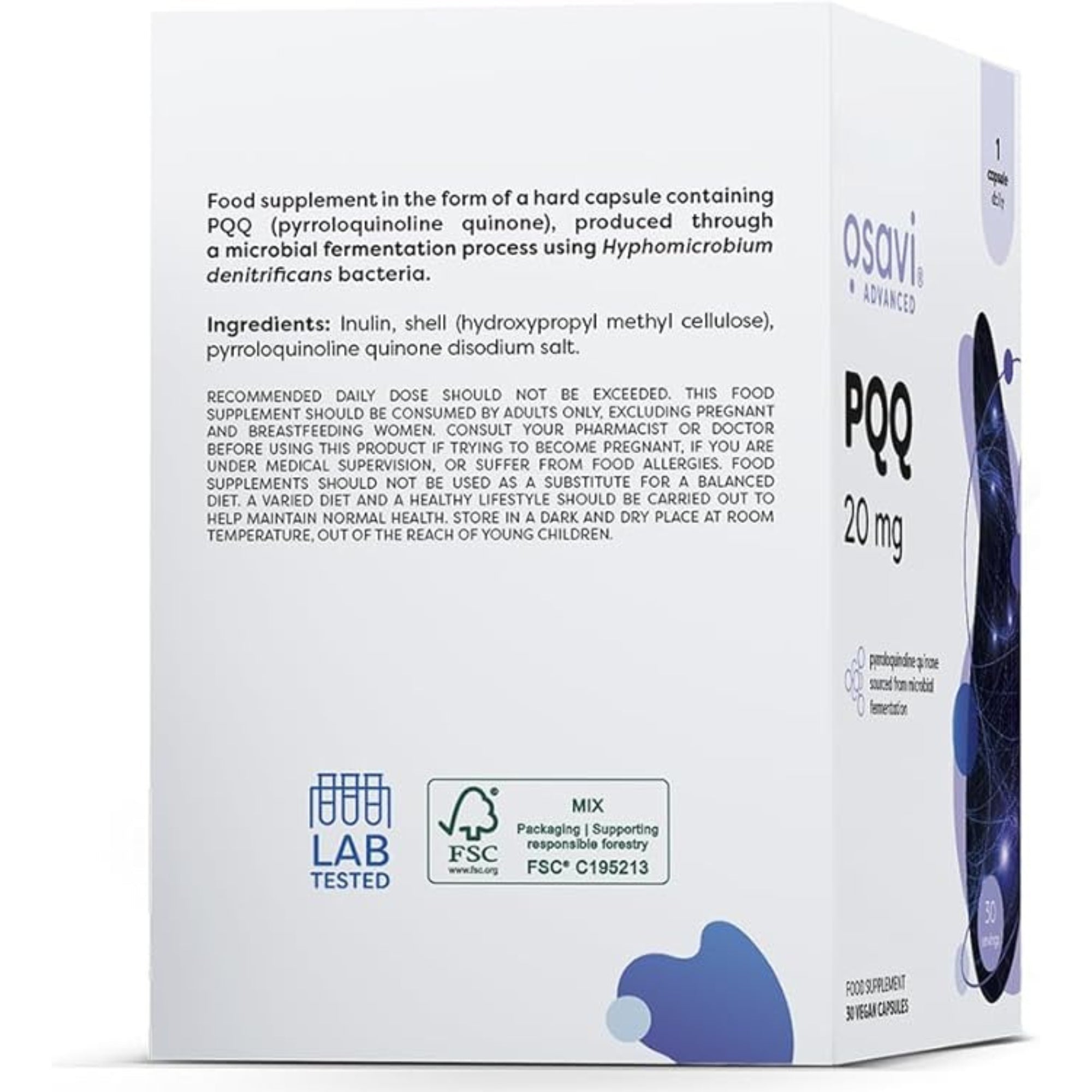 Rückseite Osavi PQQ 20mg – Zutaten, PQQ aus mikrobieller Fermentation mit Inulin