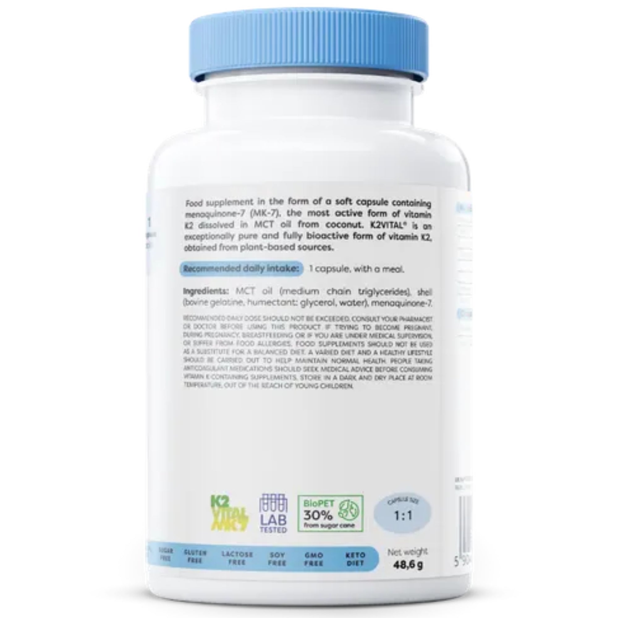 Rückseite Osavi Vitamin K2 MK-7 – Zutaten, Menaquinon-7 gelöst in MCT-Öl aus Kokos