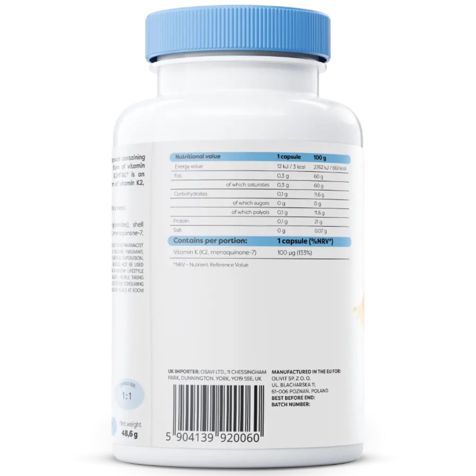 Nährwerte Osavi Vitamin K2 MK-7 – 100 µg Vitamin K2 Menaquinon-7 pro Kapsel