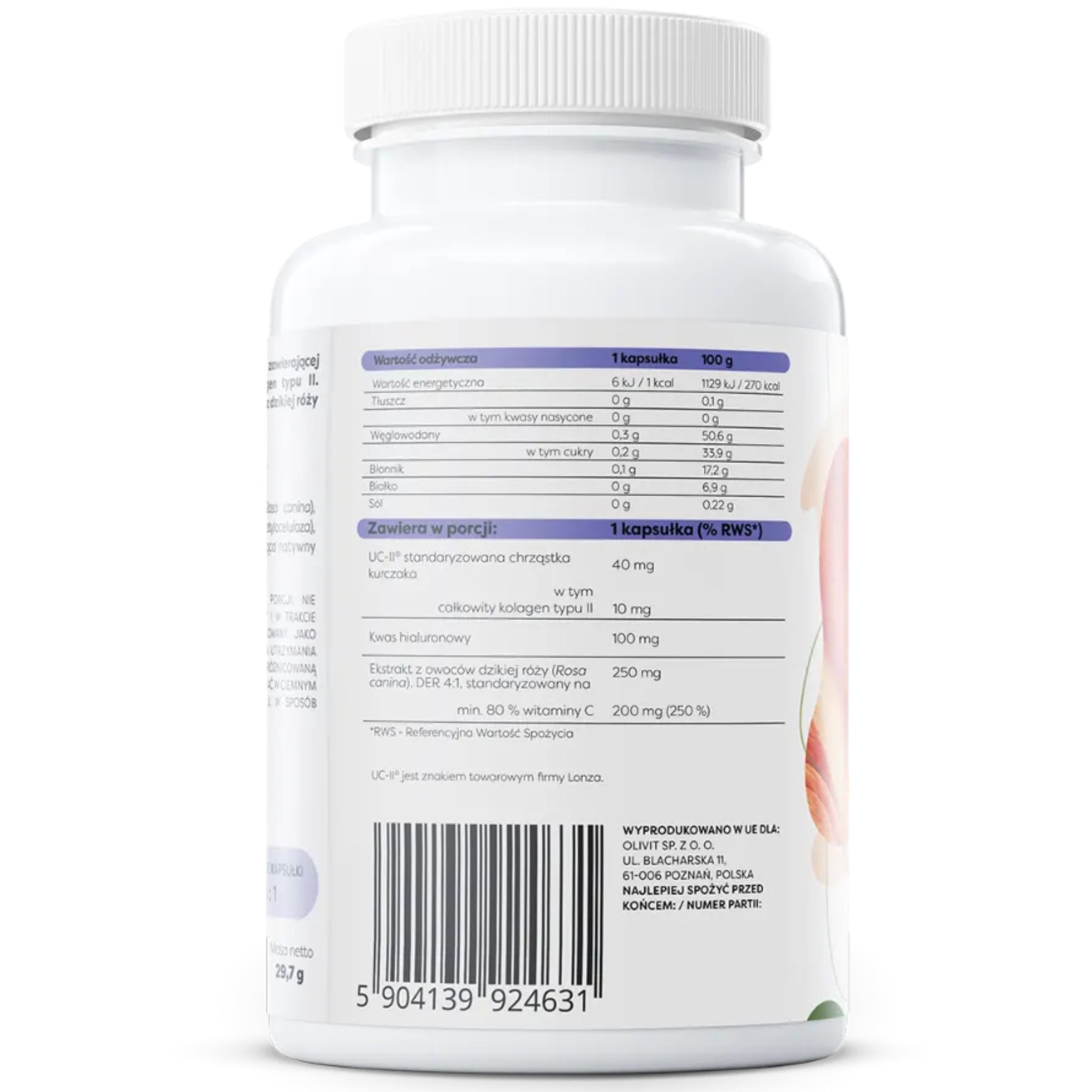 Nährwerte Osavi Kollagen Typ II – UC-II-Kollagen, Hyaluronsäure und Vitamin C pro Kapsel