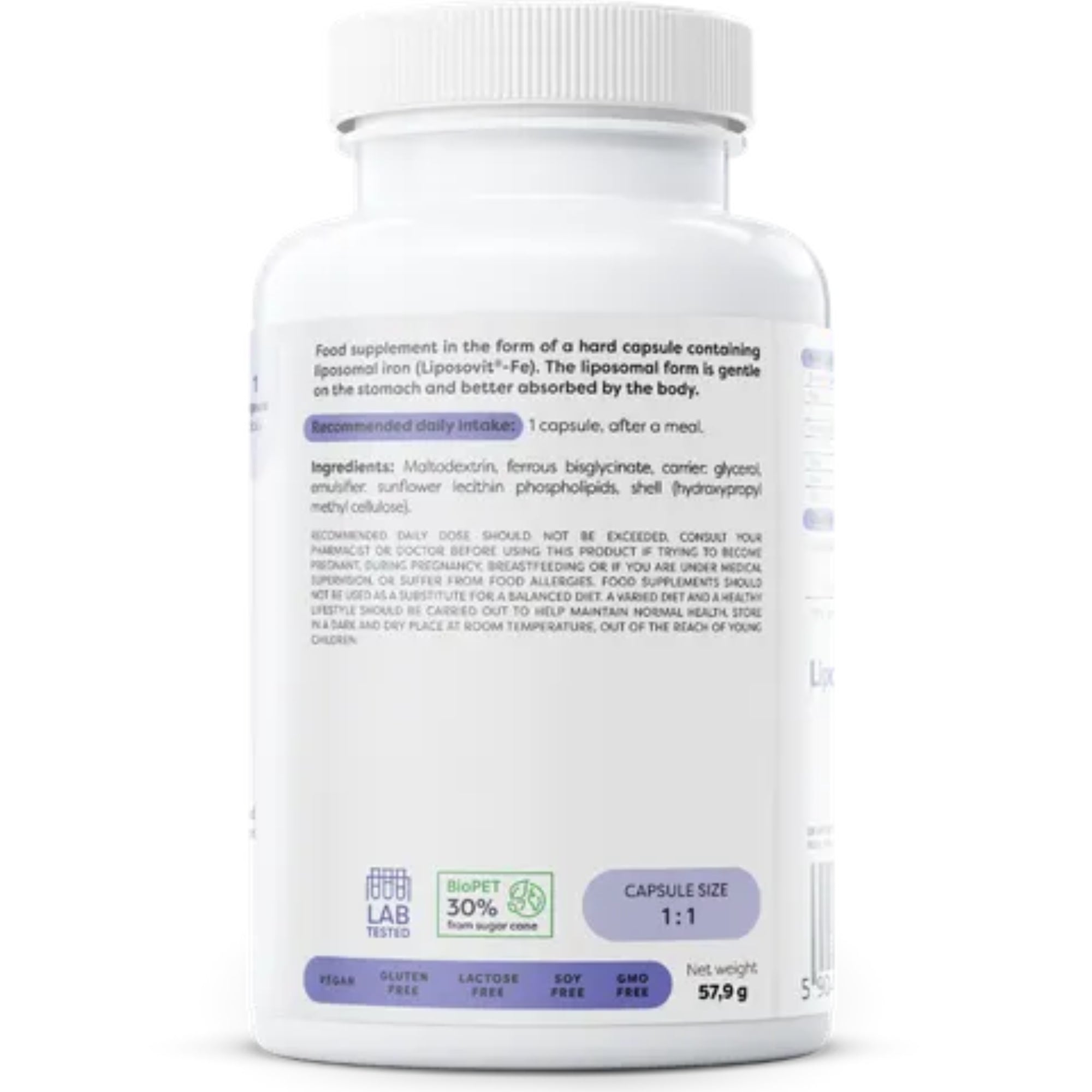 Rückseite Osavi Liposomales Eisen – Zutaten mit Eisenbisglycinat in liposomaler Form