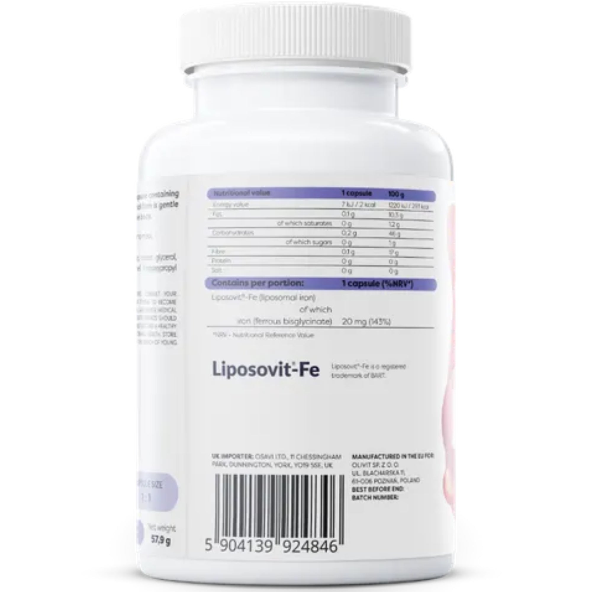 Nährwerte Osavi Liposomales Eisen – 20mg Eisen pro Kapsel, Liposovit-Fe