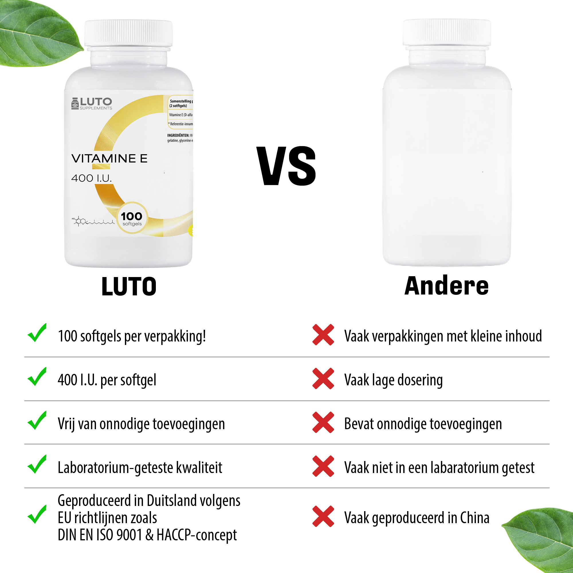 LUTO Vitamine E 400 I.U. vergelijking - 100 softgels met natuurlijke ingrediënten, vegetarisch
