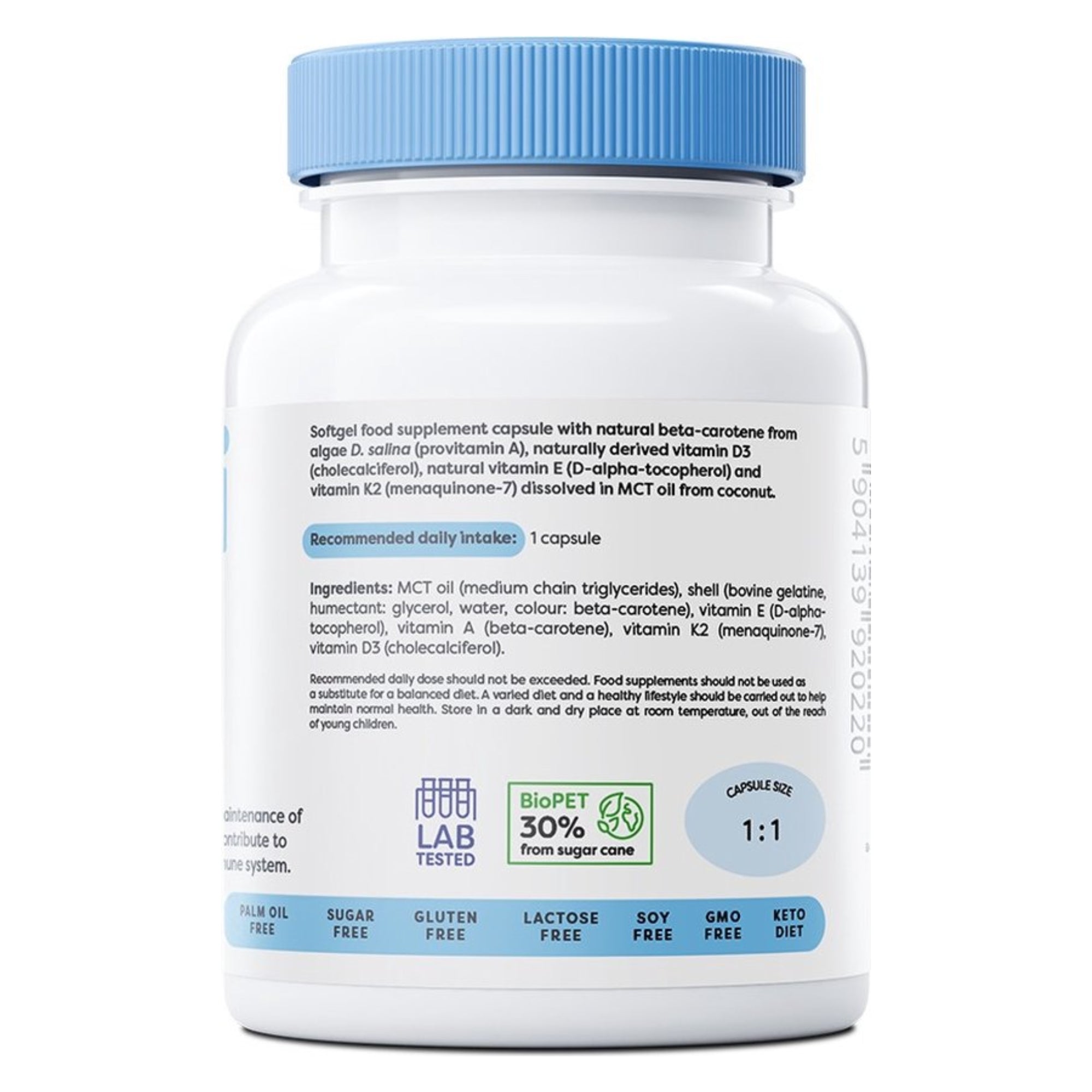 Rückseite Osavi ADEK Vitamine – Zutaten mit Beta-Carotin, Vitamin D3, E und K2 MK-7 in MCT-Öl
