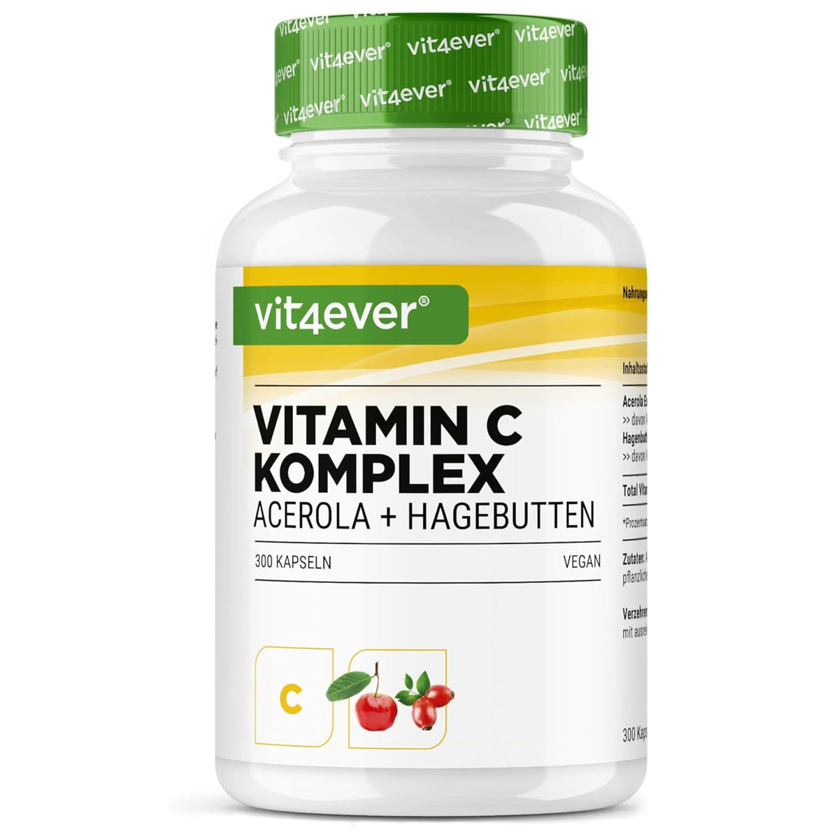 Vit4ever Vitamin C Complex aus Acerola und Hagebutte - 300 Kapseln
