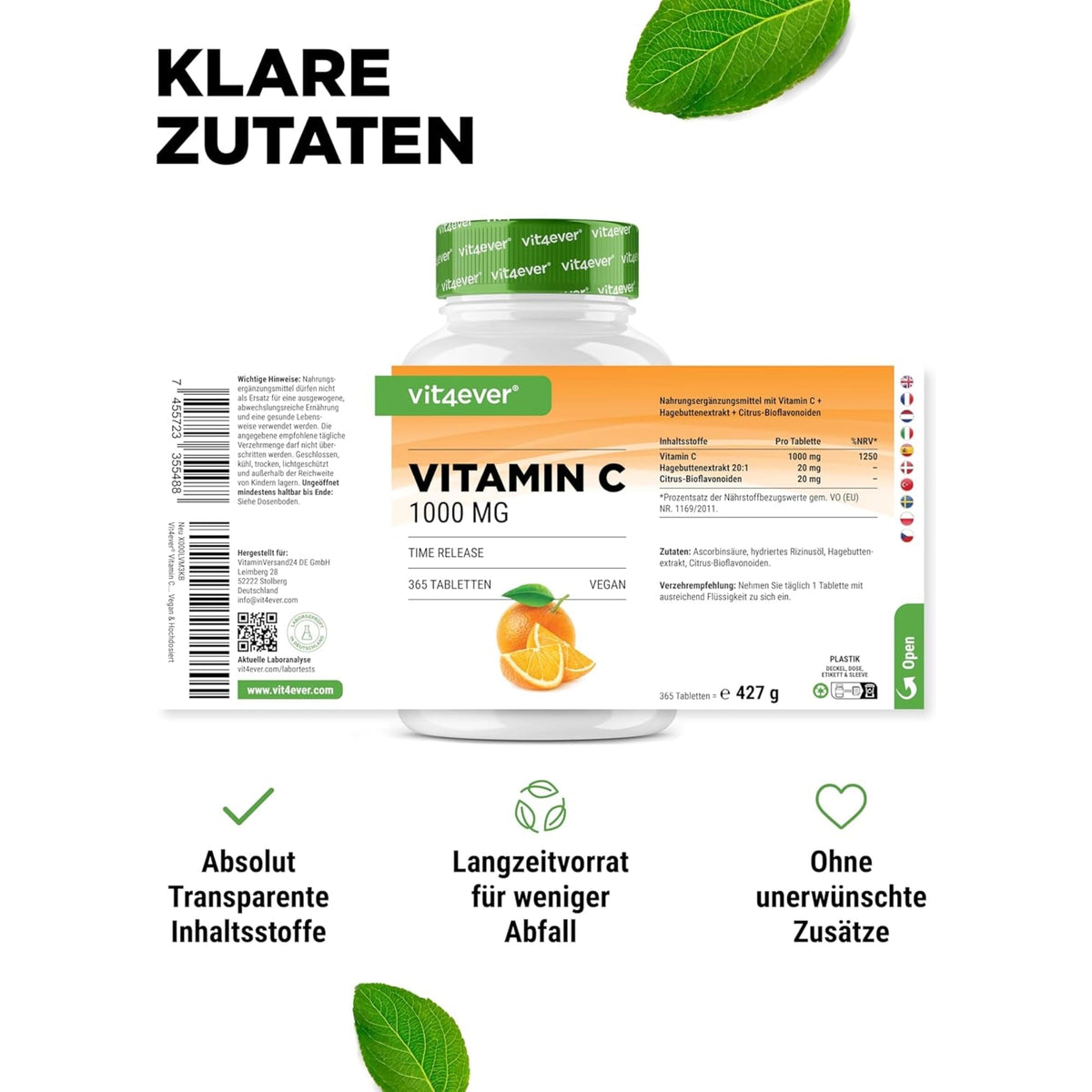 Vitamin C + Hagebutte + Citrus-Bioflavonoide | 1000 mg | 365 Tabletten | Vit4ever