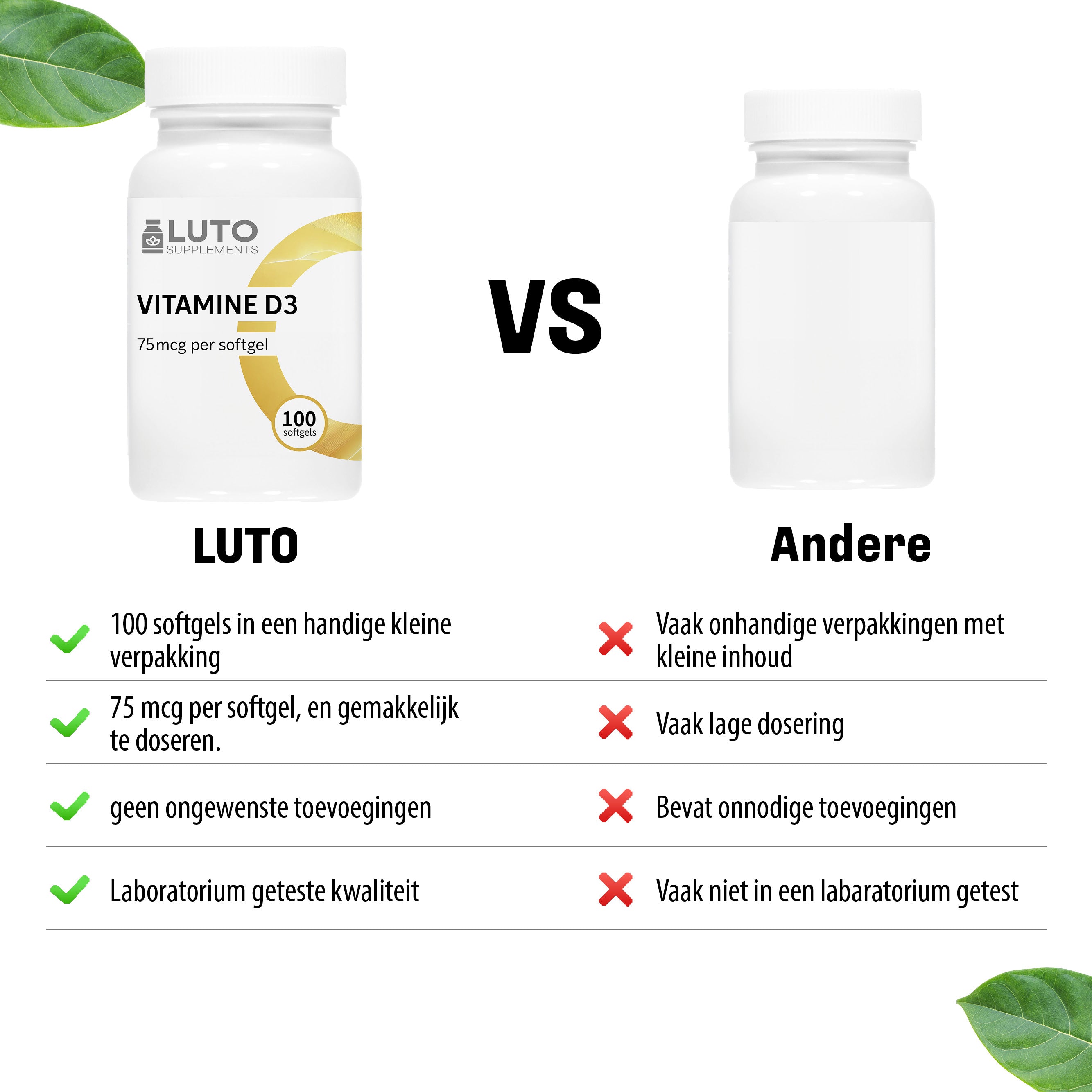 LUTO Vitamine D3 3000 IU vergelijking - 100 softgels, 75mcg per softgel, natuurlijke ingrediënten