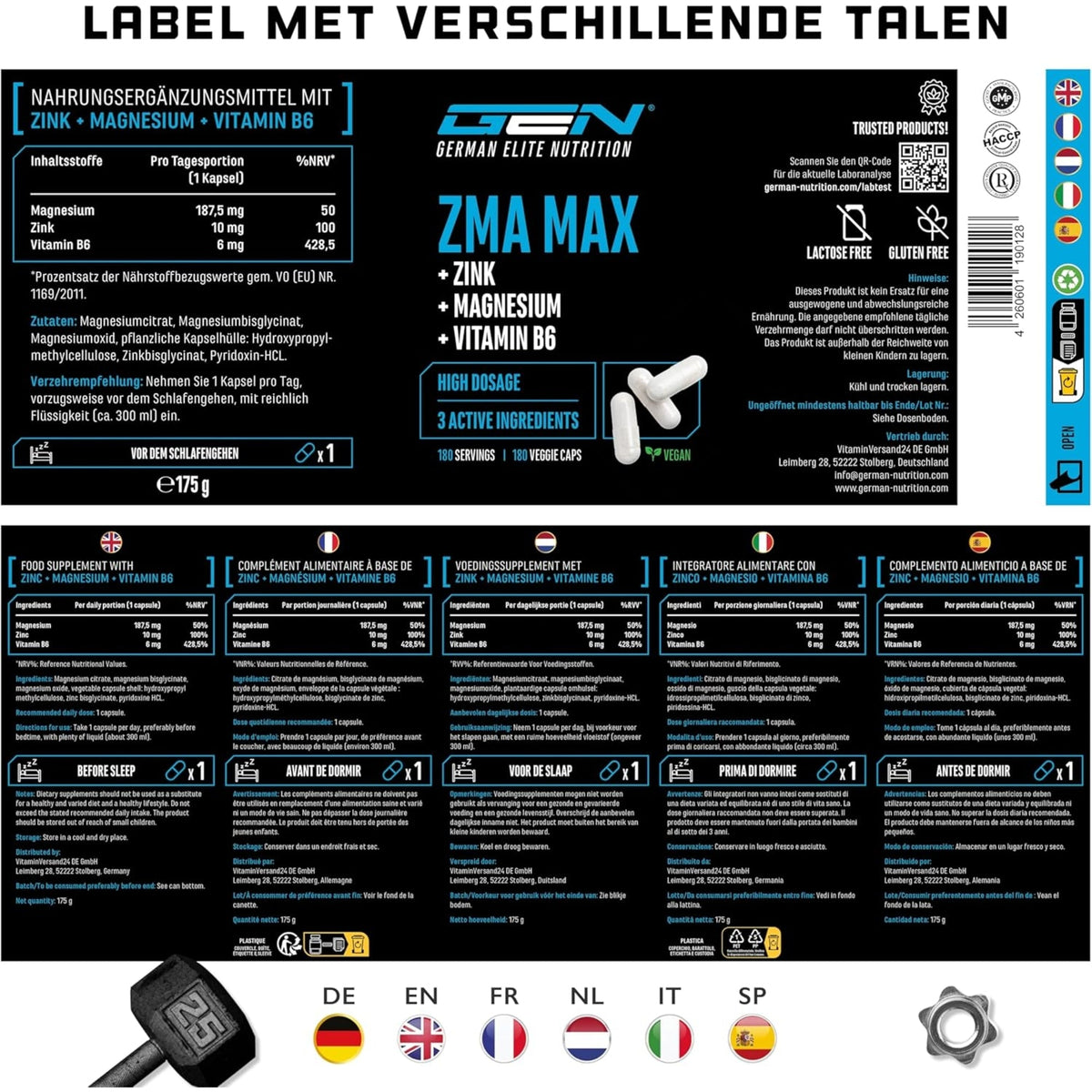 ZMA MAX (Zink, Triple Magnesium & Vitamin B6) | 180 Kapseln | German Elite Nutrition
