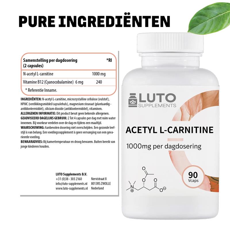 Acetyl L-Carnitin 1000 mg + Vitamin B12 | 90 pflanzliche Kapseln | LUTO Supplements