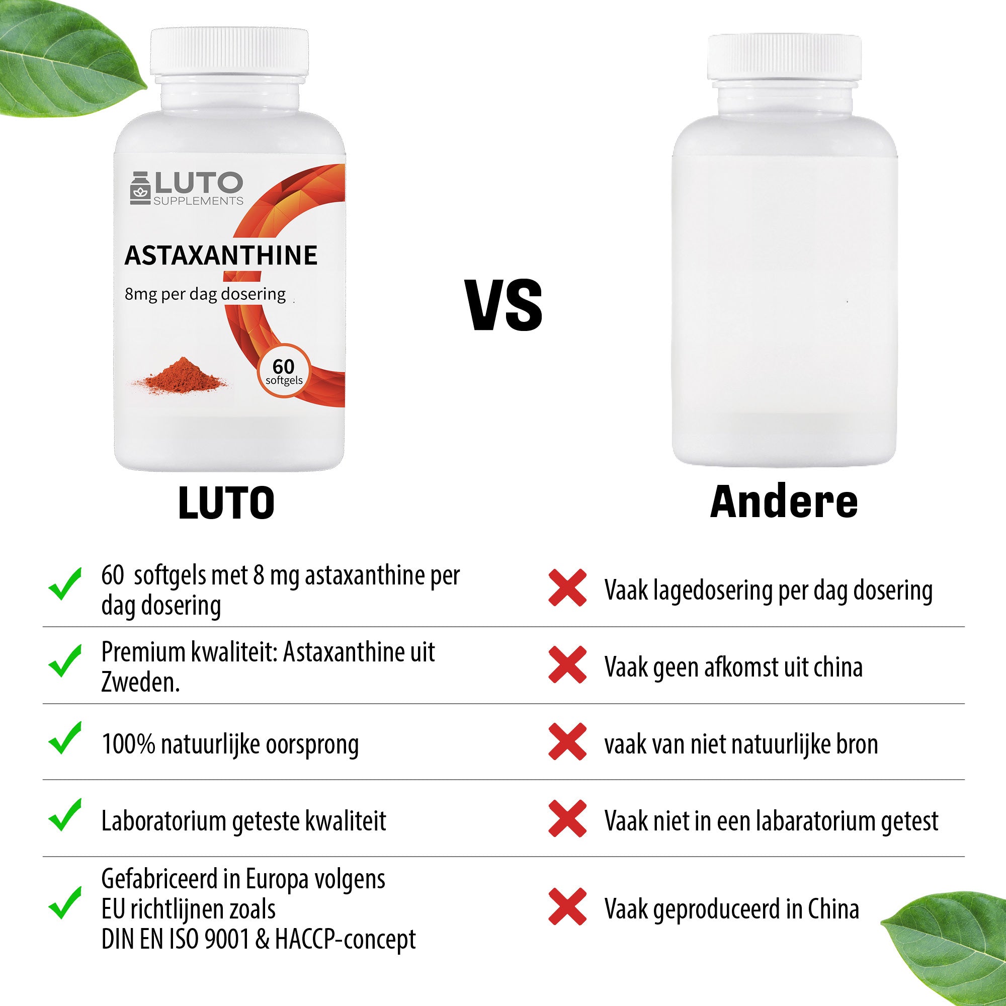 LUTO Astaxanthine vergelijking - 8mg AstaReal uit Haematococcus pluvialis microalgen, natural ingredients