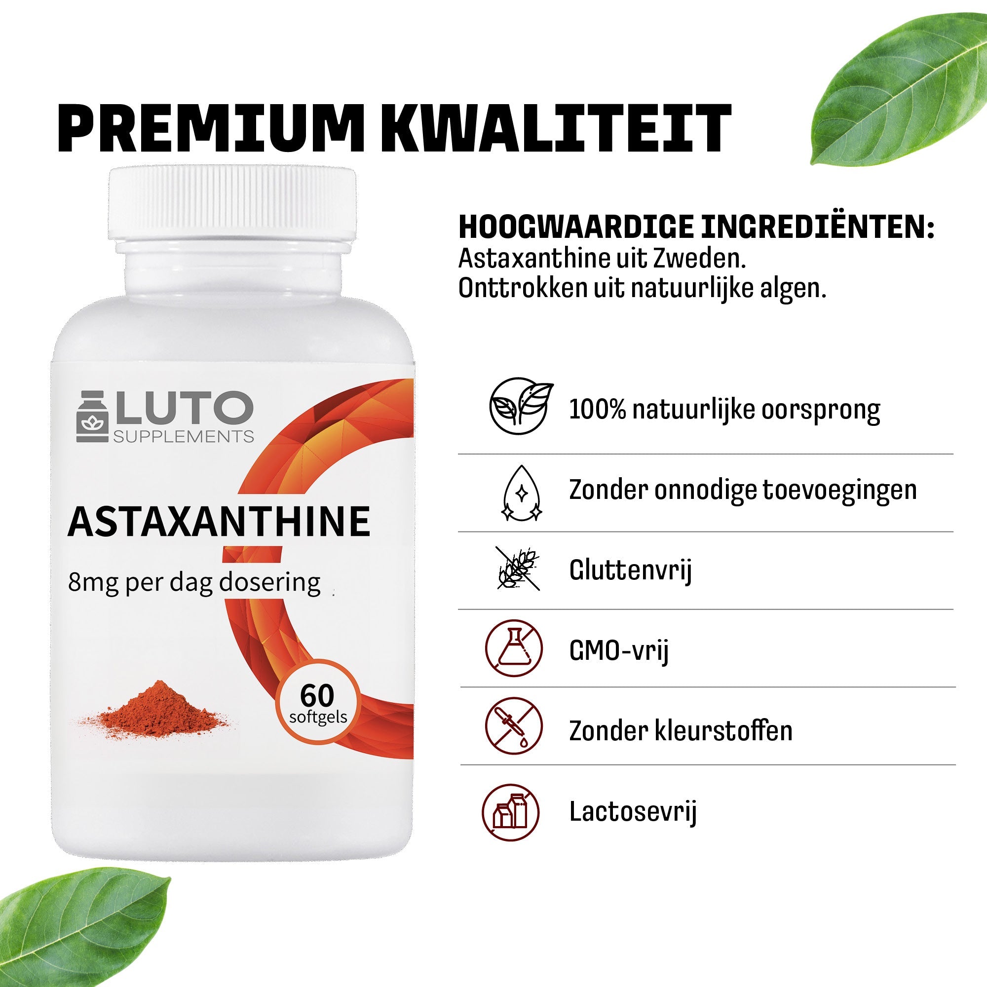 Premium kwaliteit LUTO Astaxanthine softgels - vegetarisch, non-GMO, glutenvrij en lactosevrij
