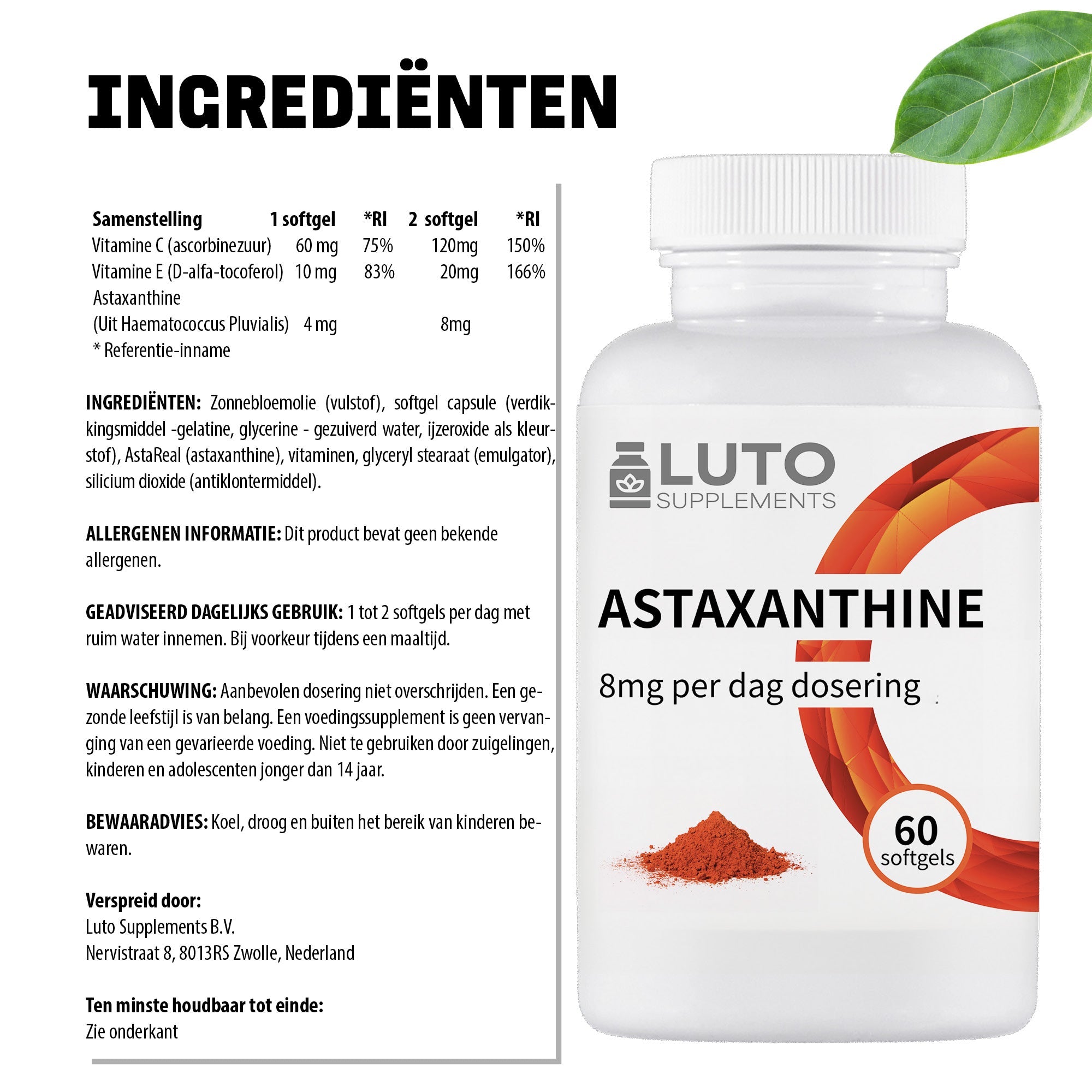 Pure ingrediënten Astaxanthine LUTO - 8mg astaxanthine uit AstaReal microalgen aangevuld met vitamine E en vitamine C