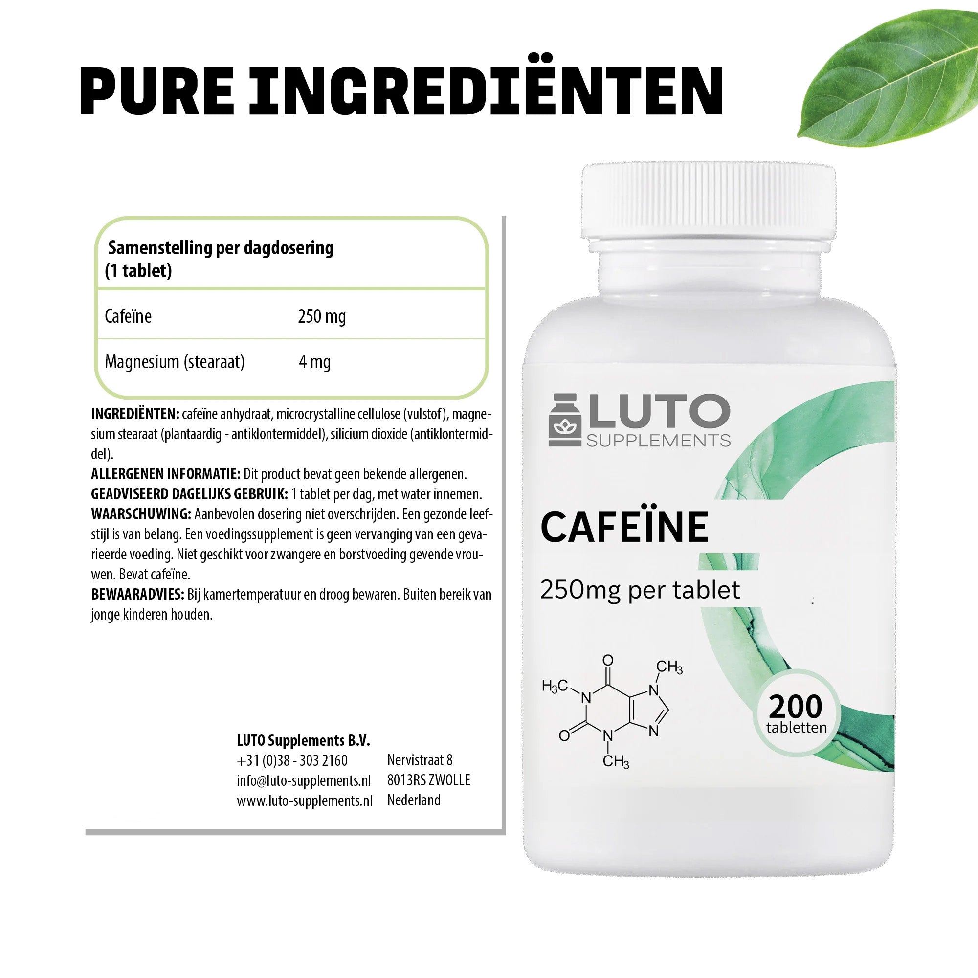 Pure ingrediënten Cafeïne LUTO Supplements - 250mg cafeïne anhydraat per tablet zonder onnodige toevoegingen
