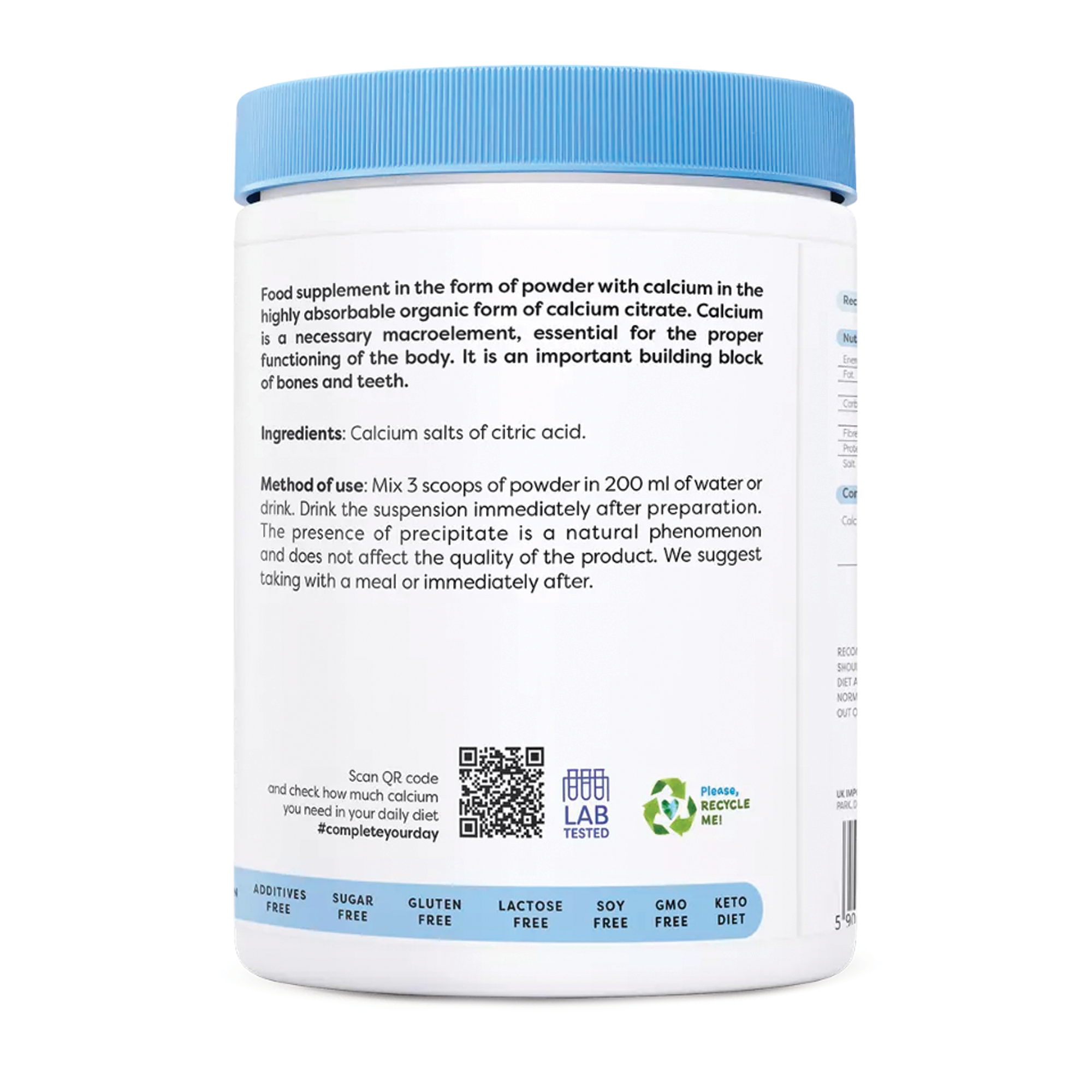 Rückseite Osavi Calciumcitrat Pulver – Anwendungshinweis, 3 Messlöffel in 200 ml Wasser