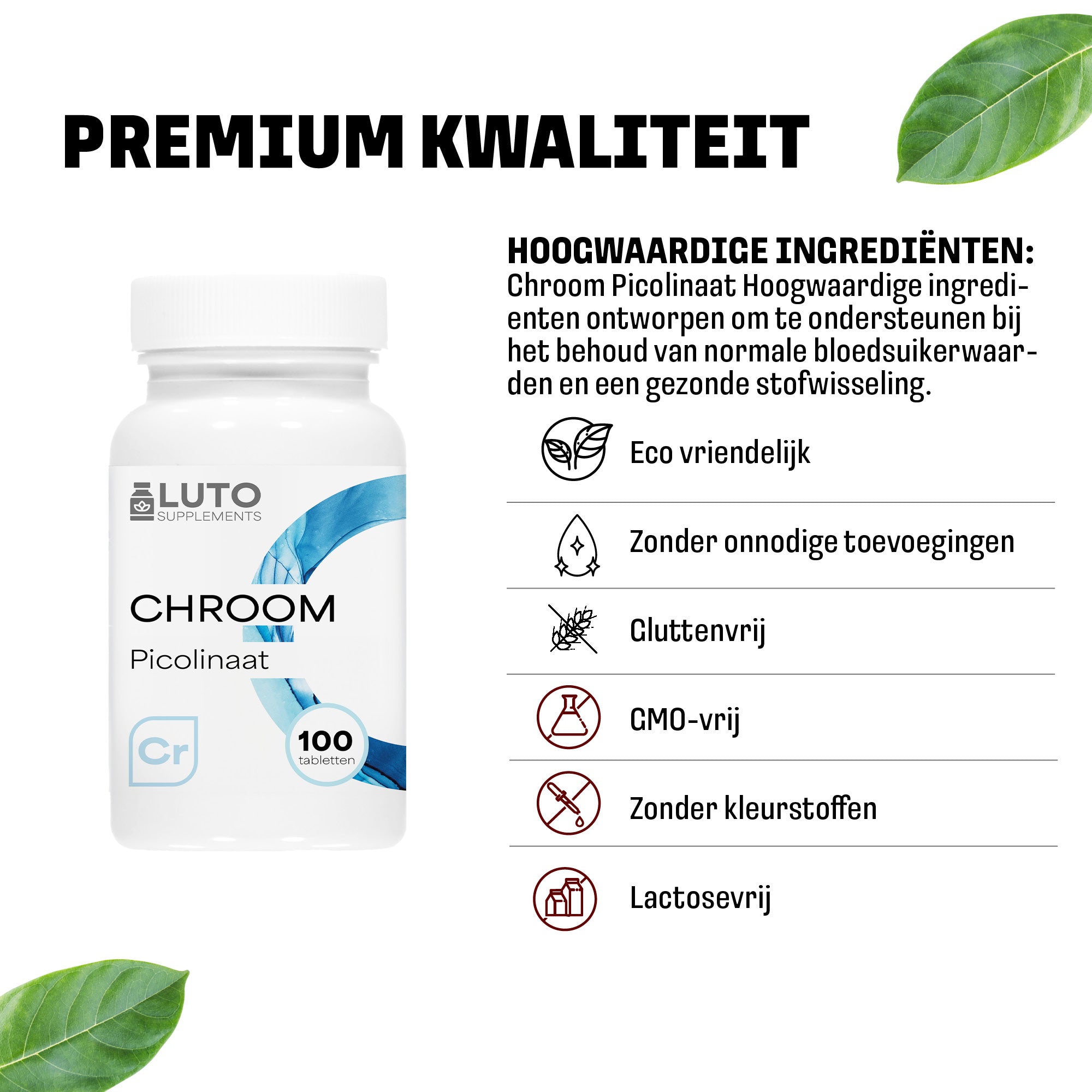 Premium kwaliteit LUTO Chroom Picolinaat - vegan, glutenvrij, kleurstofvrij en zonder conserveringsmiddelen