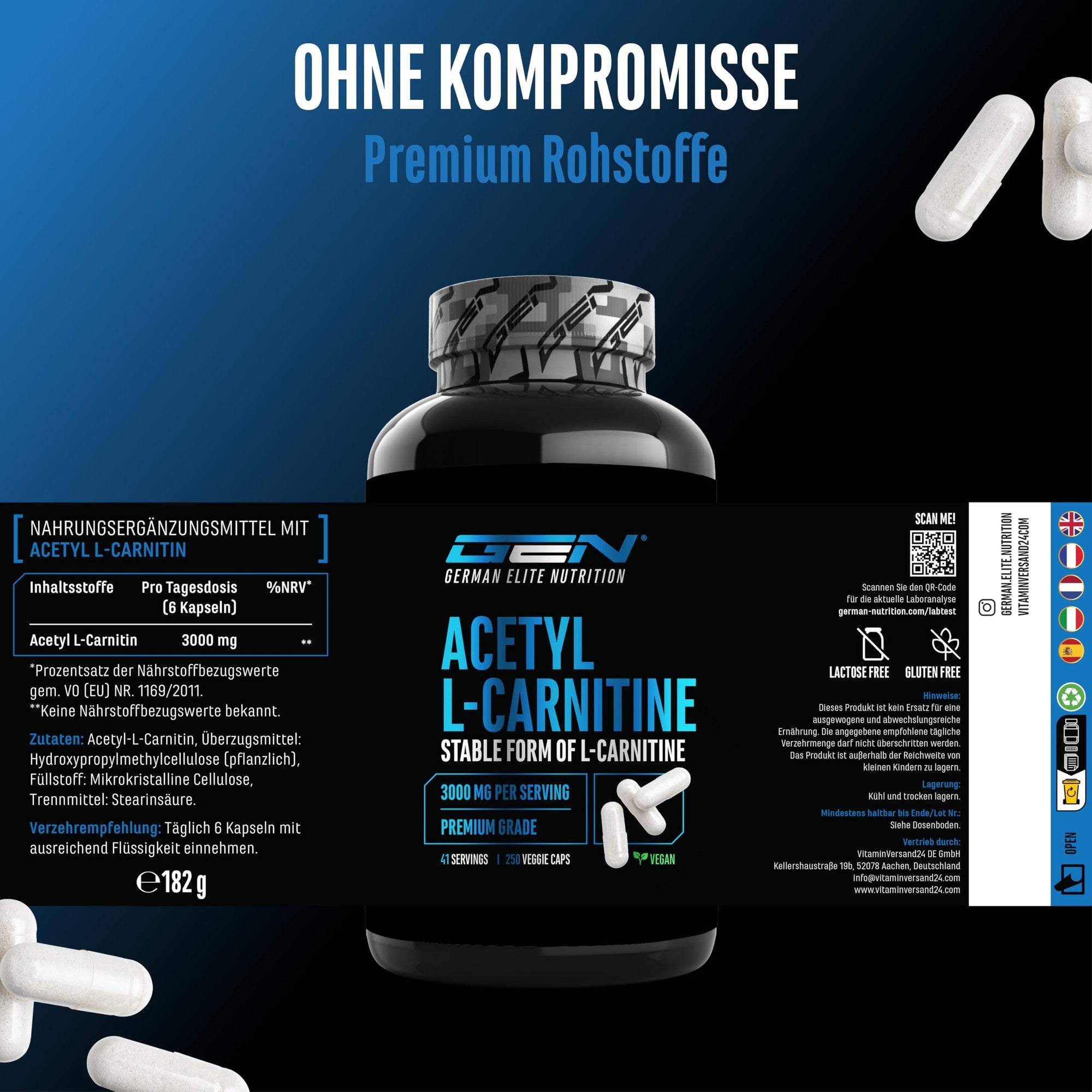Acetyl L-Carnitin 3000mg 250 Kapseln – vegan & laborgeprüft