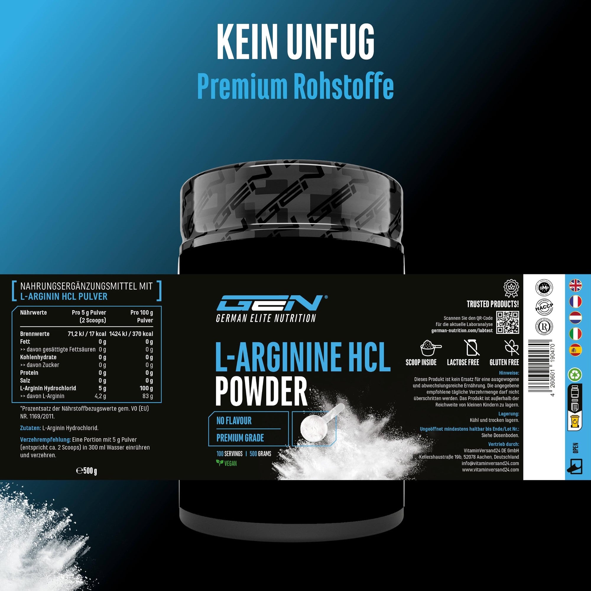 GEN L-Arginin HCL Pulver 500g – Anwendung & Dosierlöffel