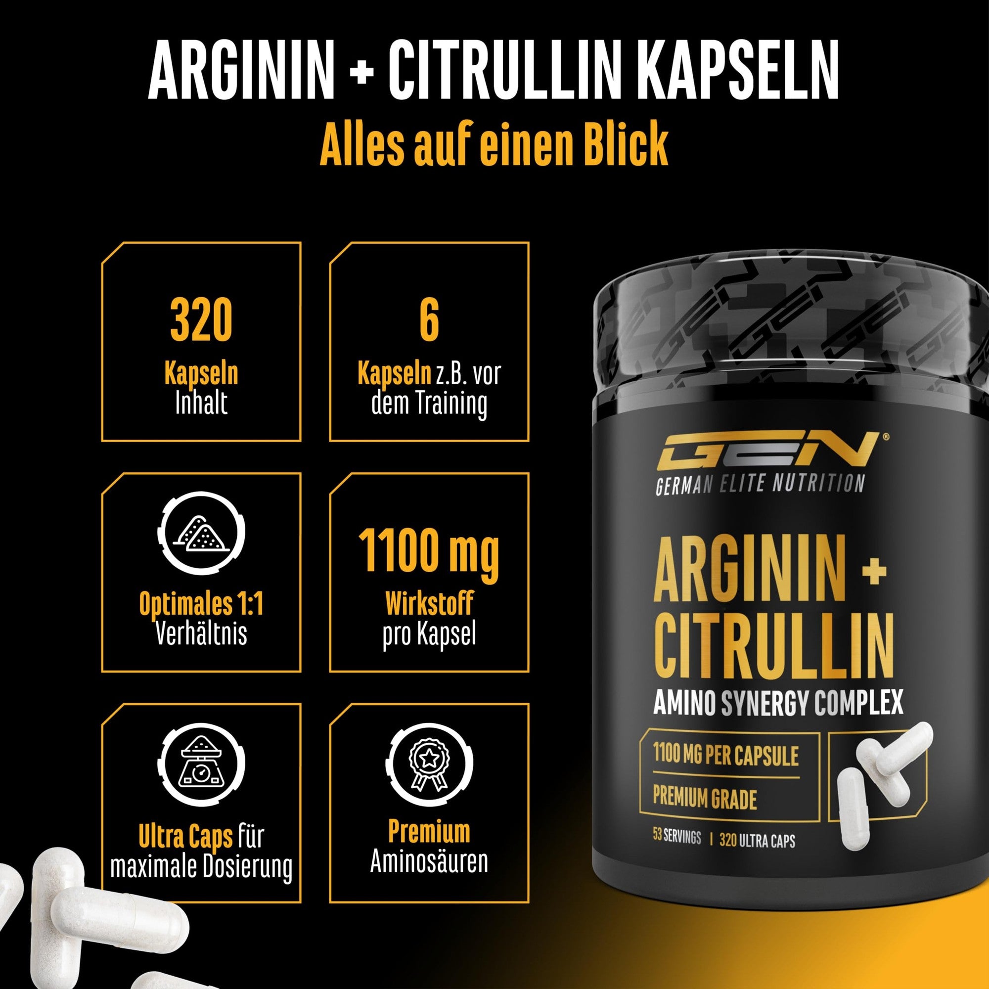 GEN L-Arginin + L-Citrullin 6600mg 320 Kapseln – Übersicht