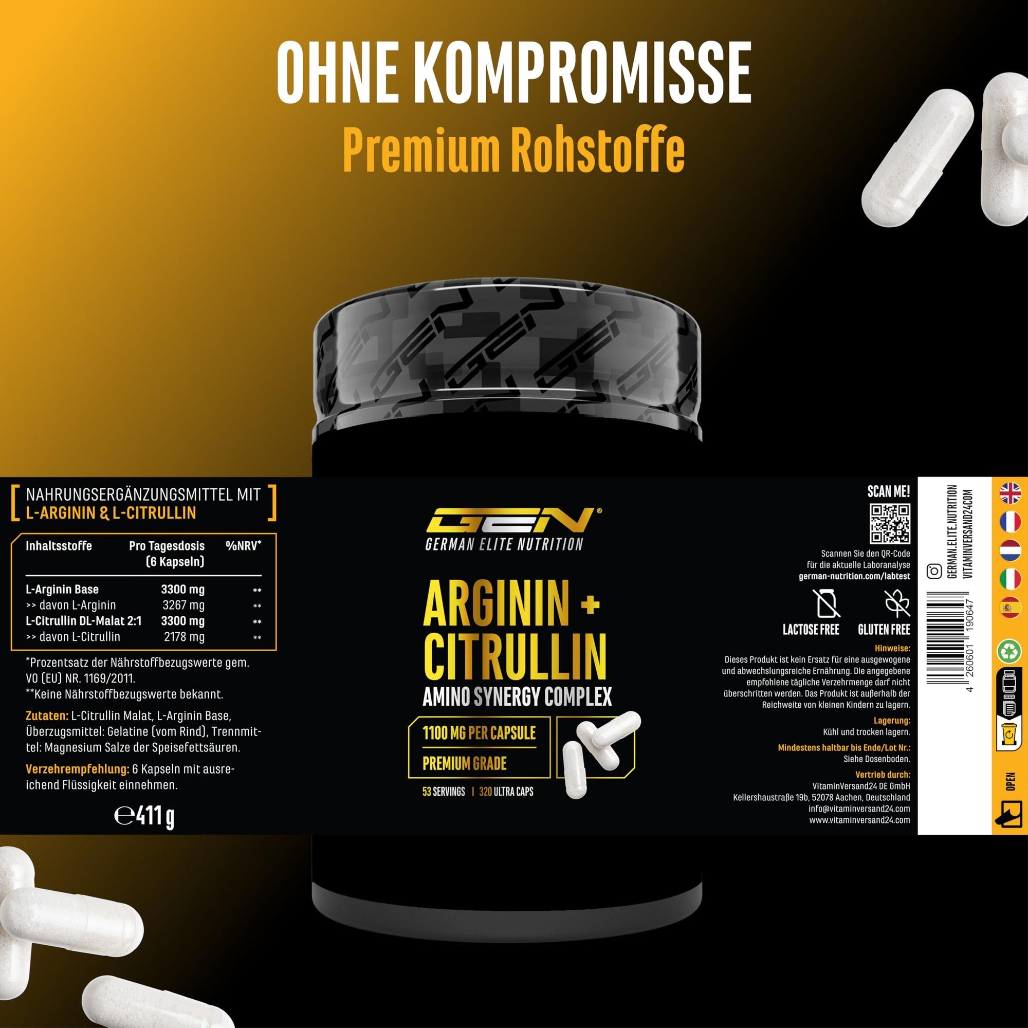 GEN L-Arginin + L-Citrullin 6600mg 320 Kapseln – Verhältnis 1:1