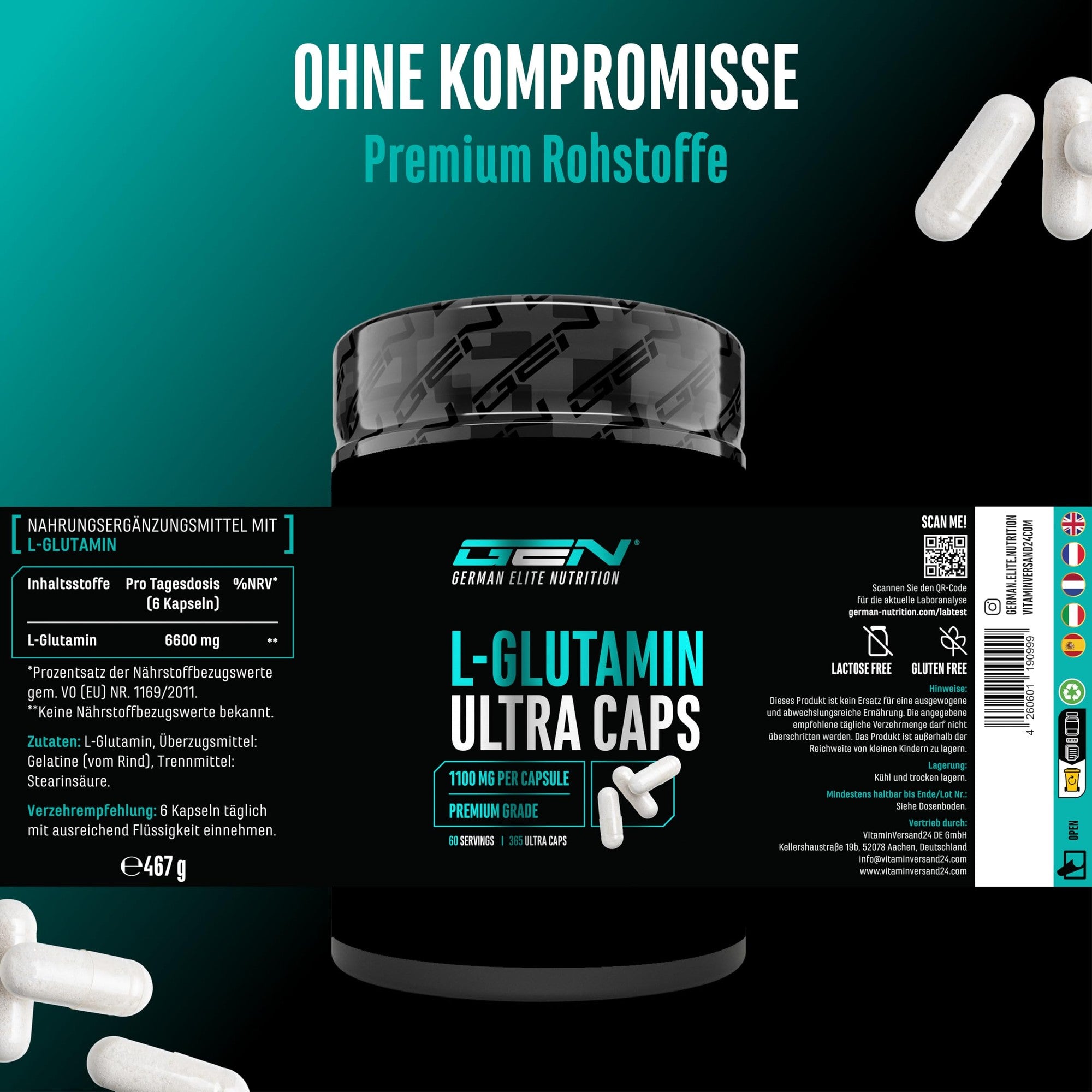 GEN L-Glutamin Ultra 1100mg 365 Kapseln – vegan & laborgeprüft