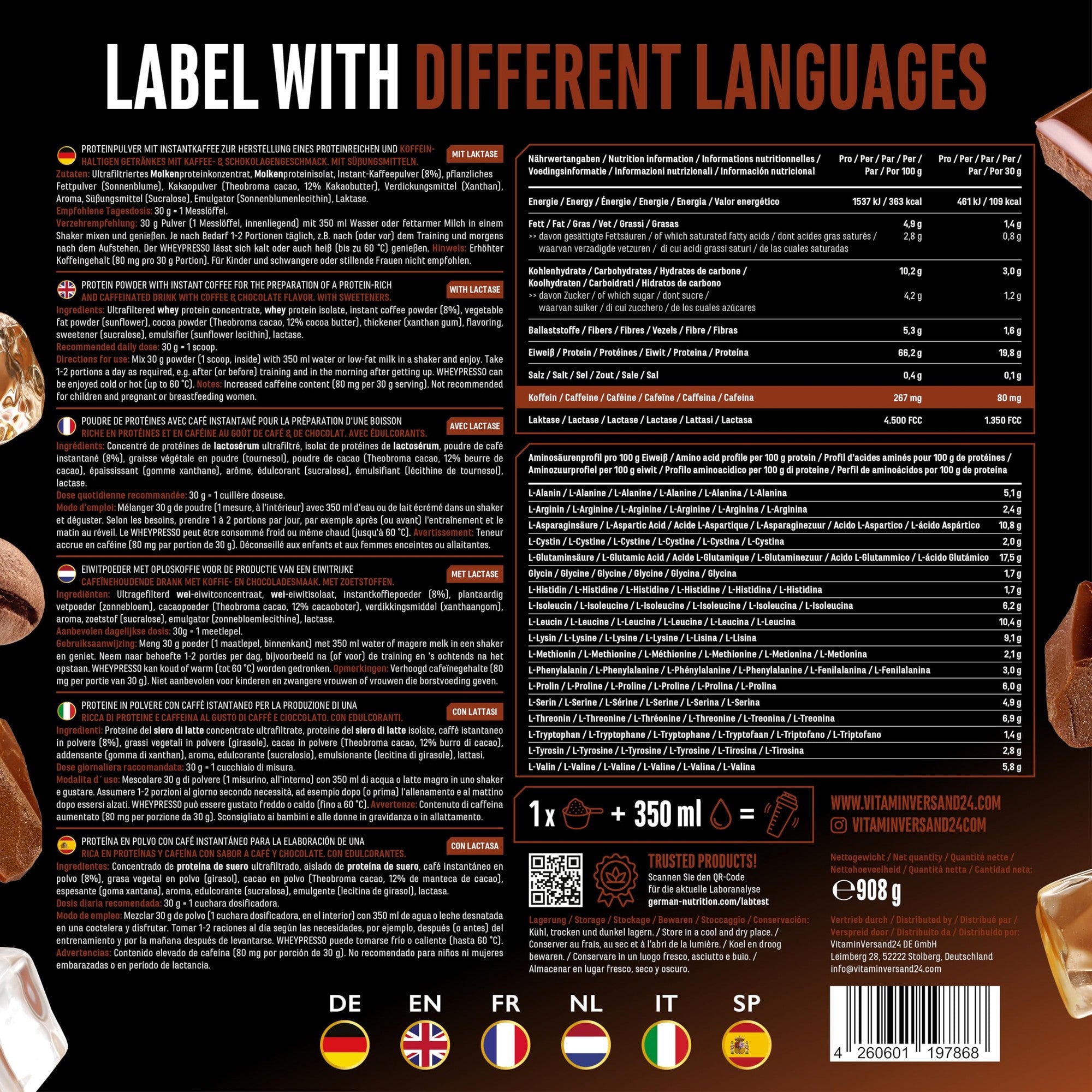 Wheypresso Protein Coffee 908g - Nährwerte & Etikett