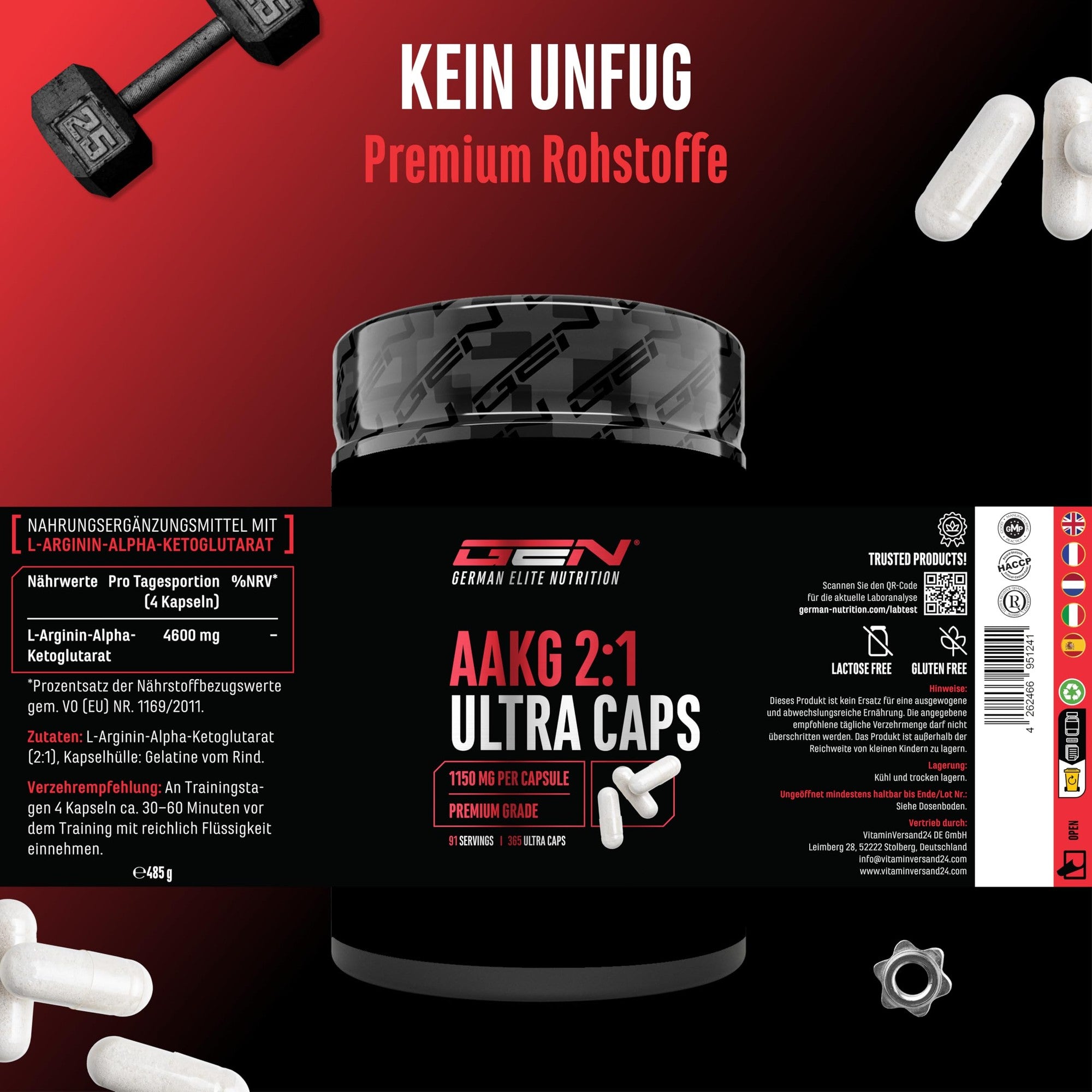 GEN AAKG Ultra Caps 1150mg 365 Kapseln – pflanzliche Fermentation
