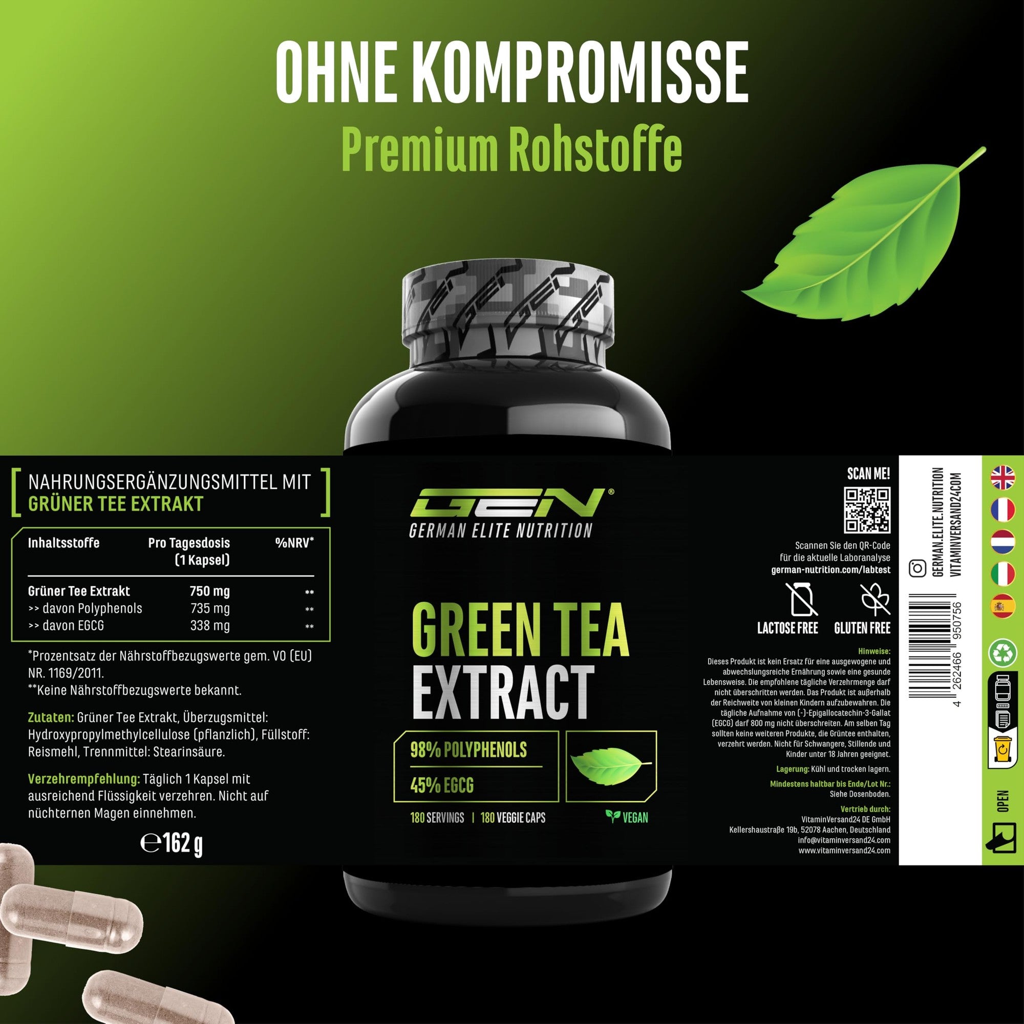 Green Tea Extract 750mg 180 Kapseln – vegan & laborgeprüft