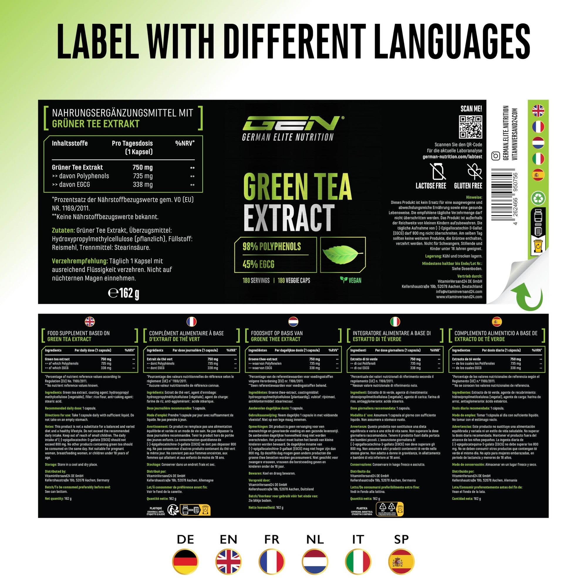 Green Tea Extract 750mg 180 Kapseln – Nährwerte & Etikett