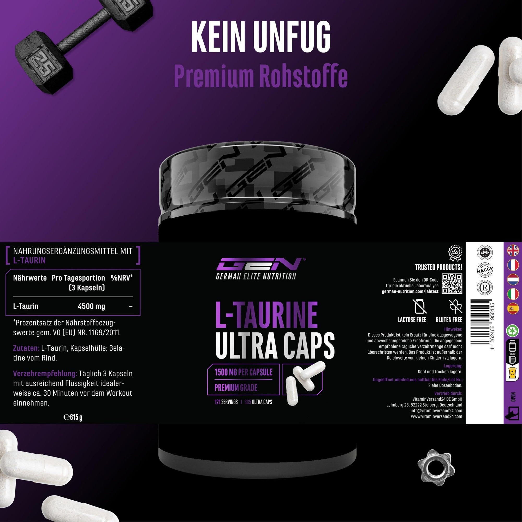 L-Taurine Ultra Caps 1500mg 365 Kapseln – vegan & laborgeprüft