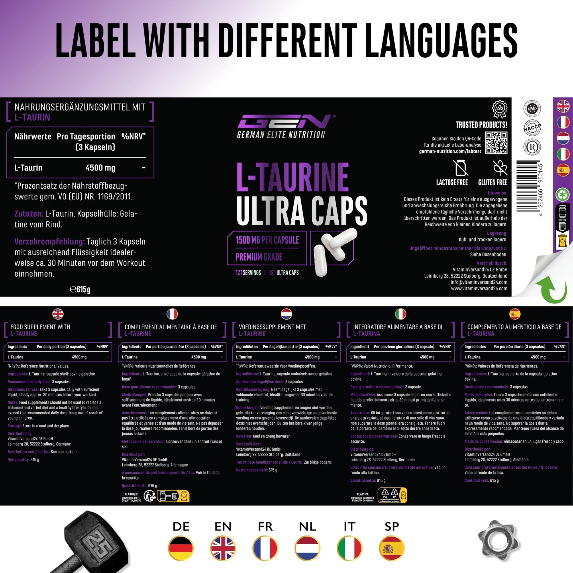 L-Taurine Ultra Caps 1500mg 365 Kapseln – Nährwerte & Etikett