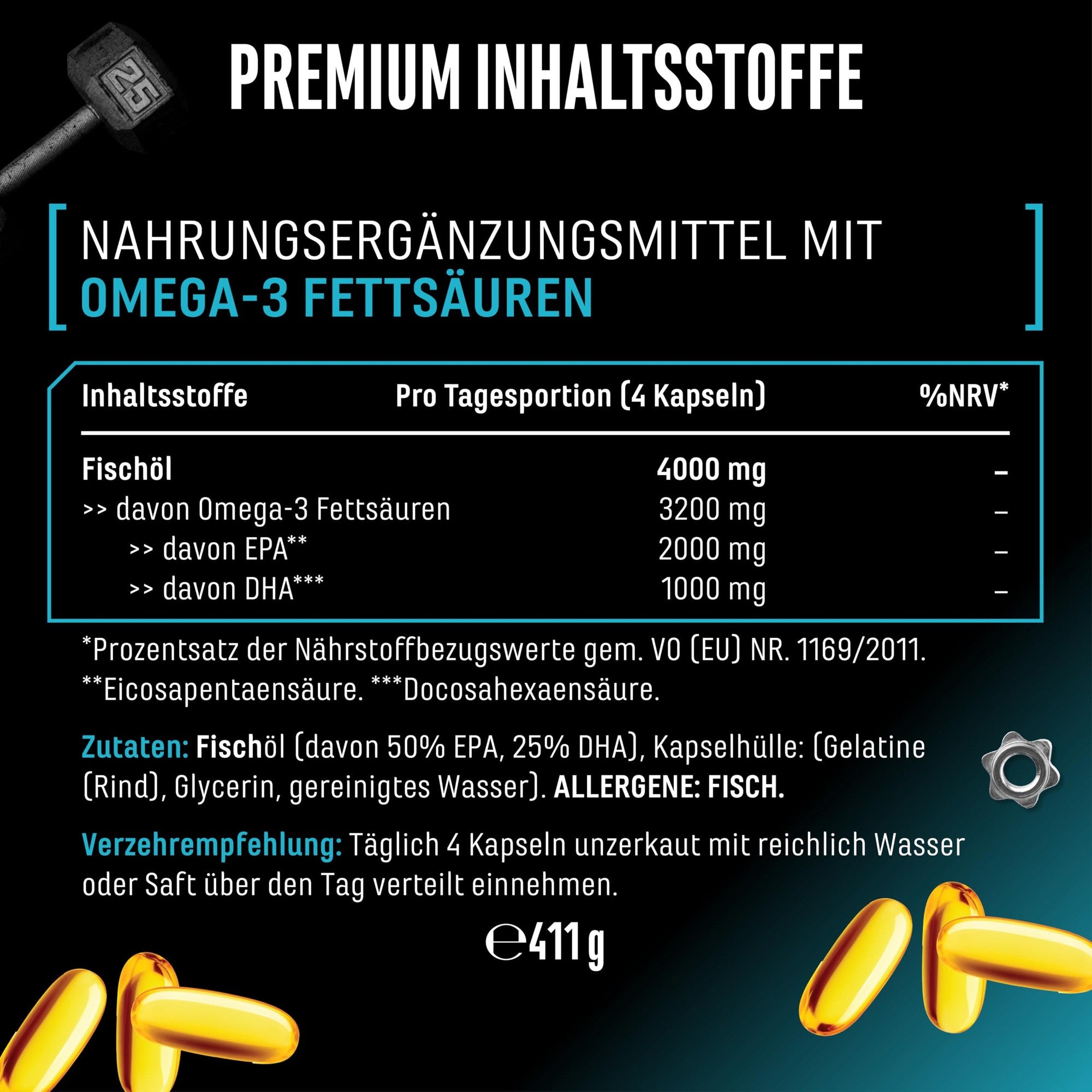 Omega-3 Ultra Caps EPA & DHA 4000mg 300 Softgels – Nährwerte & Etikett