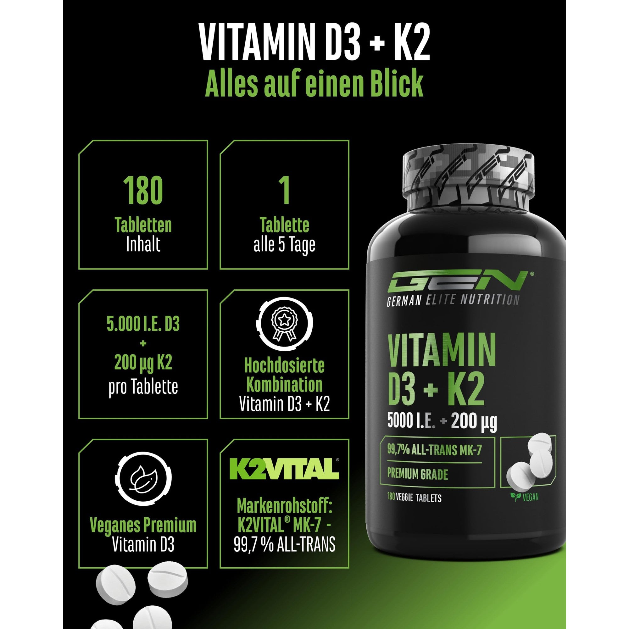 GEN Vitamin D3 5.000 IE + K2 200µg 180 Tabletten – Übersicht