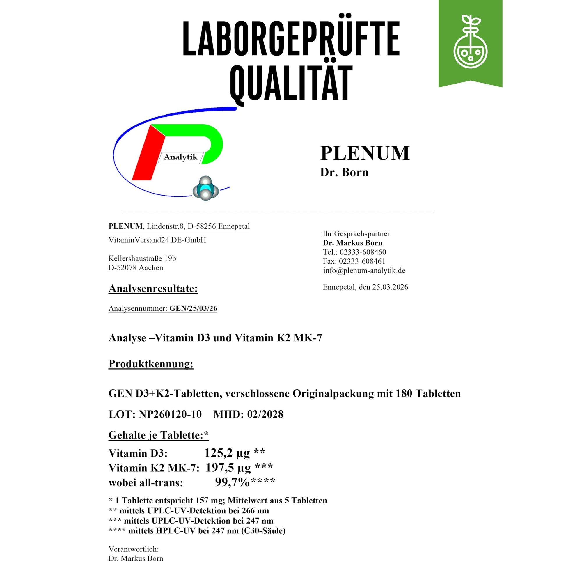 GEN Vitamin D3 5.000 IE + K2 200µg 180 Tabletten – Nährwerte & Etikett