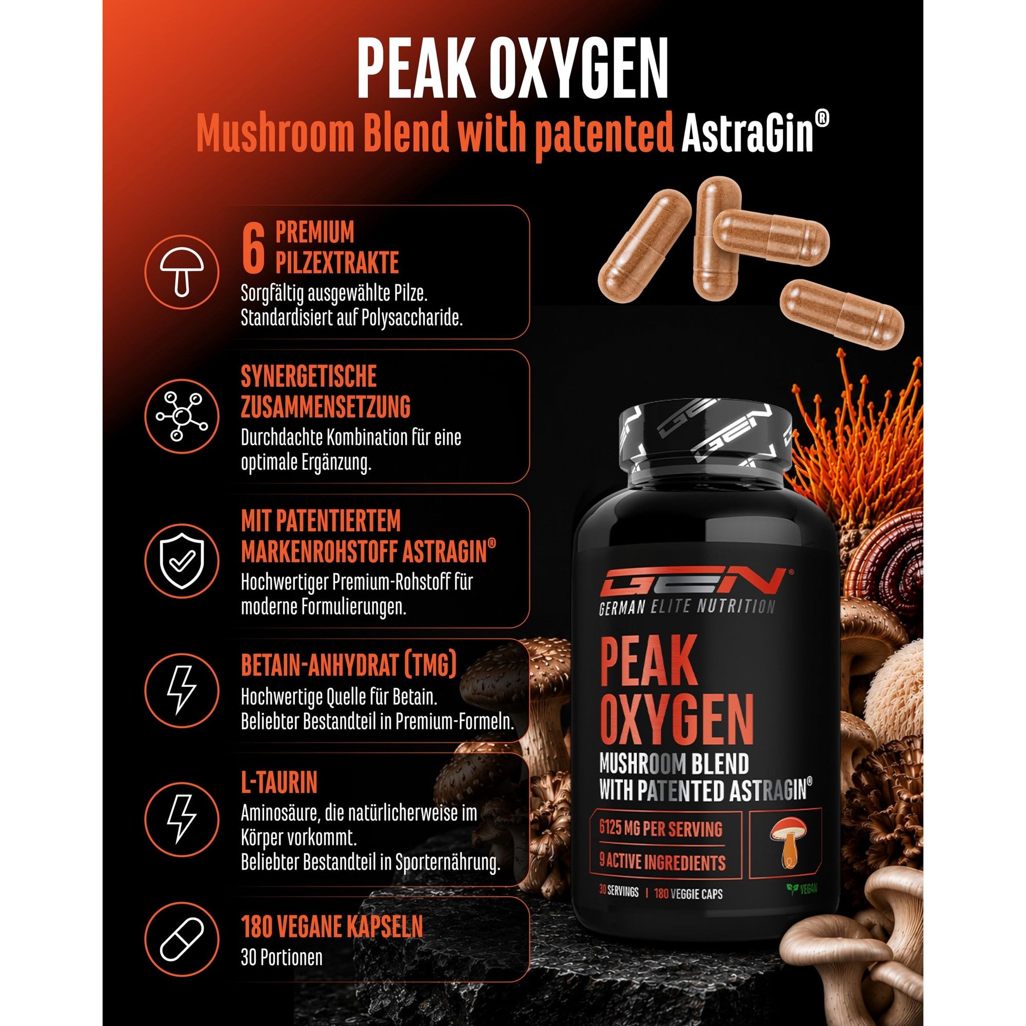 Peak Oxygen Pilzkomplex 180 Kapseln – Inhaltsstoffe