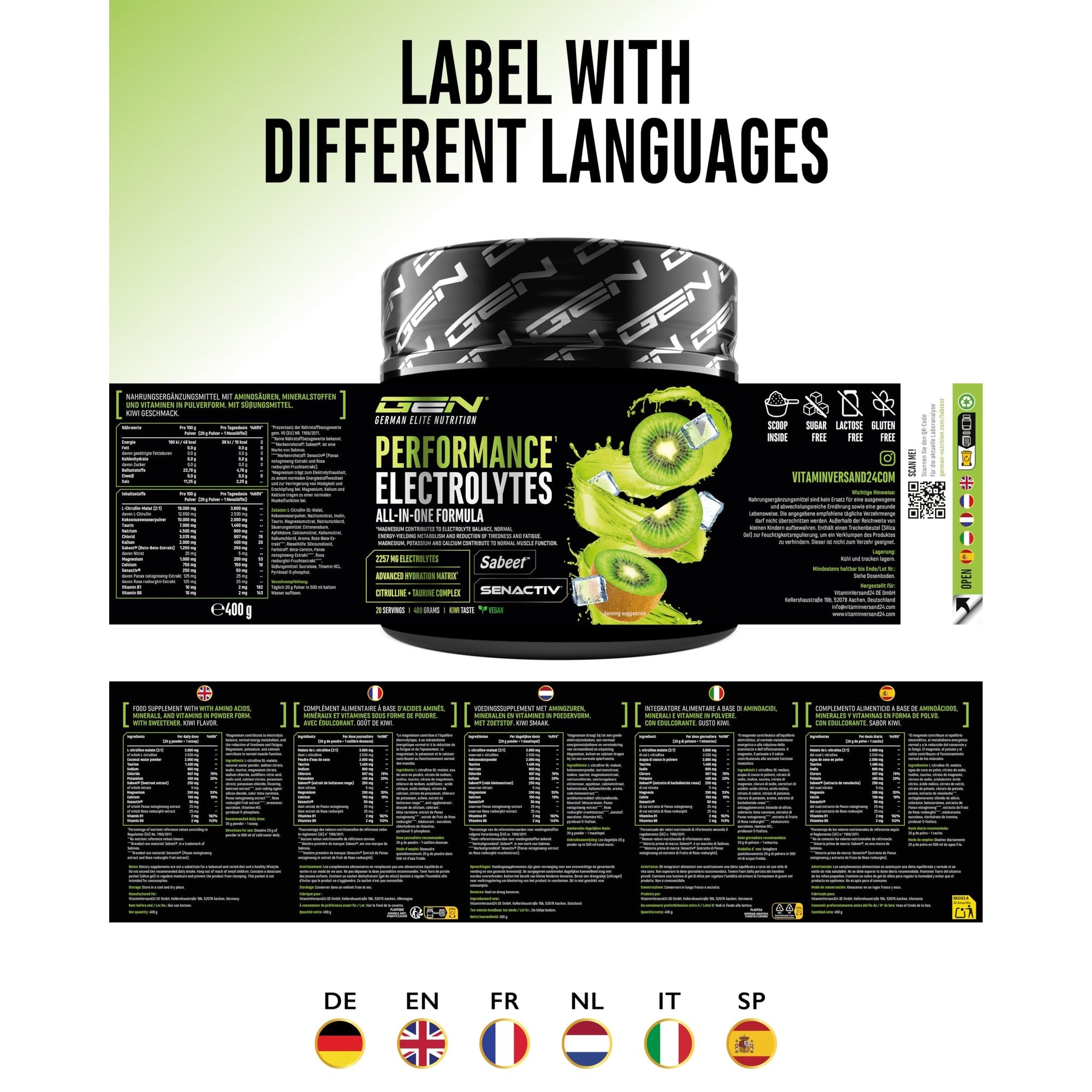 Performance Electrolytes Kiwi 400g – Nährwerte & Etikett