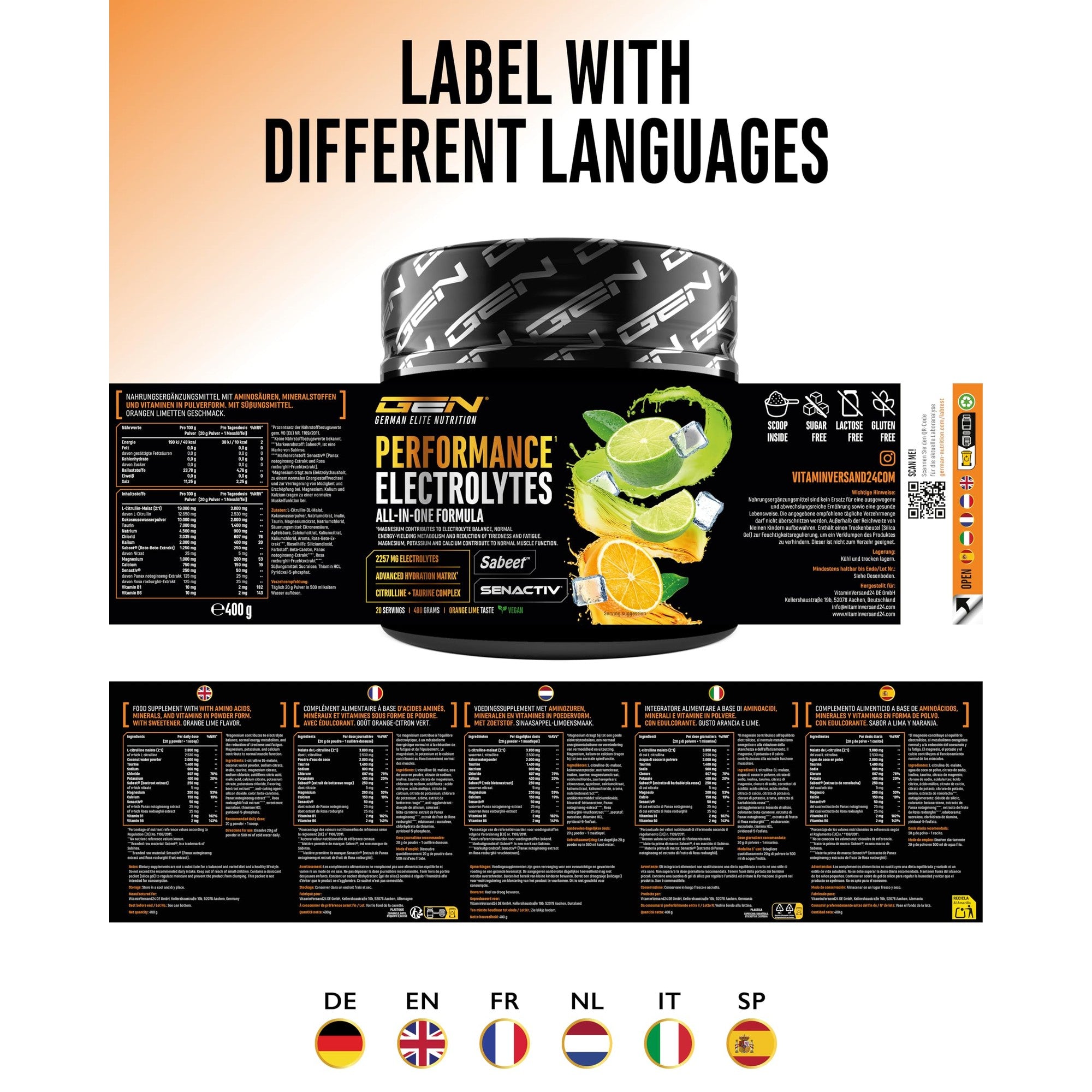 Performance Electrolytes Orange-Limette 400g – Nährwerte & Etikett